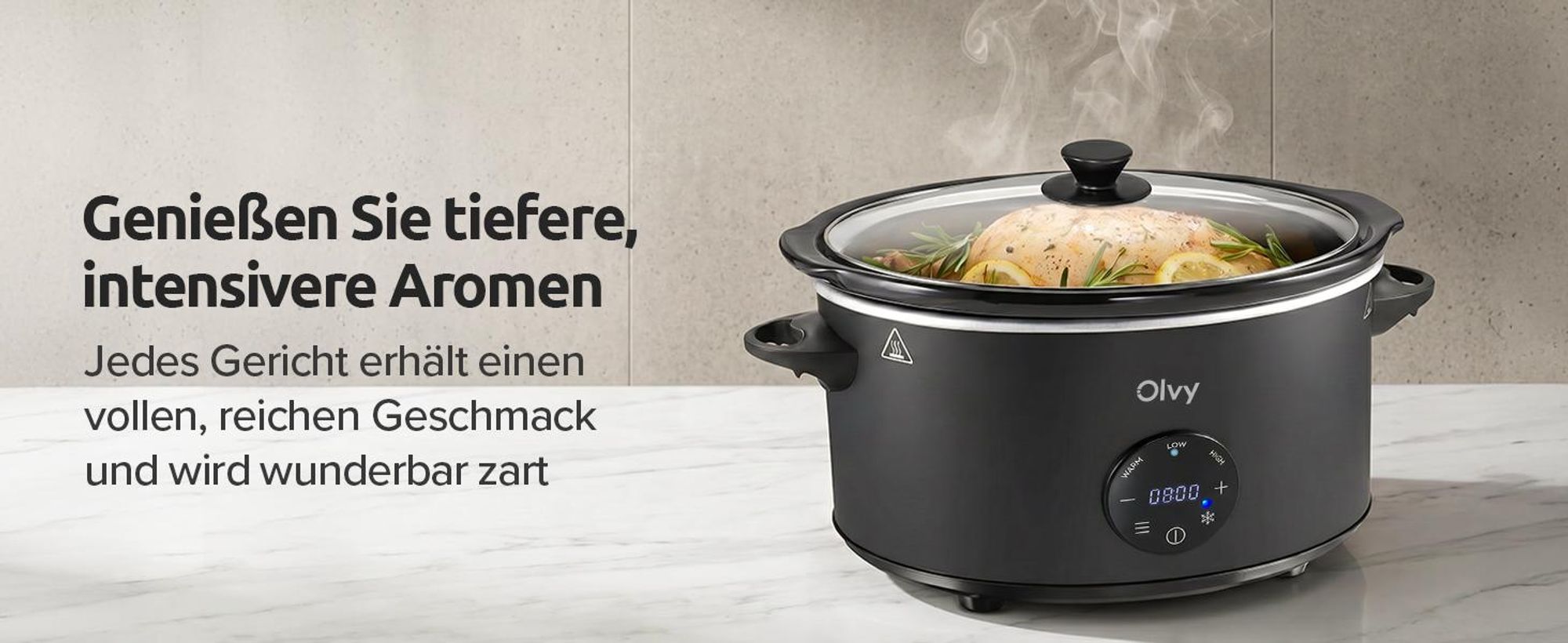 Olvy Digitaler Slow Cooker mit Timer – 6 Liter – Keramik-Innentopf – inkl. Slow-Cooker-Kochbuch