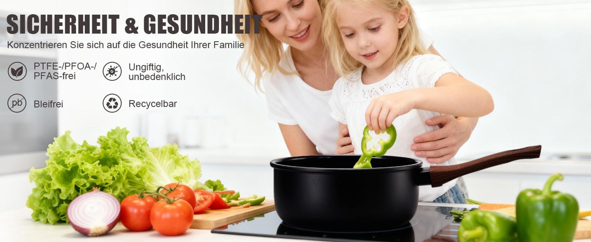 17 teiliges Aluminium Kochgeschirr Set mit 5 Töpfen, 2 Deckeln und zusammensetzbaren Griffen, keramische Beschichtung, schwarz