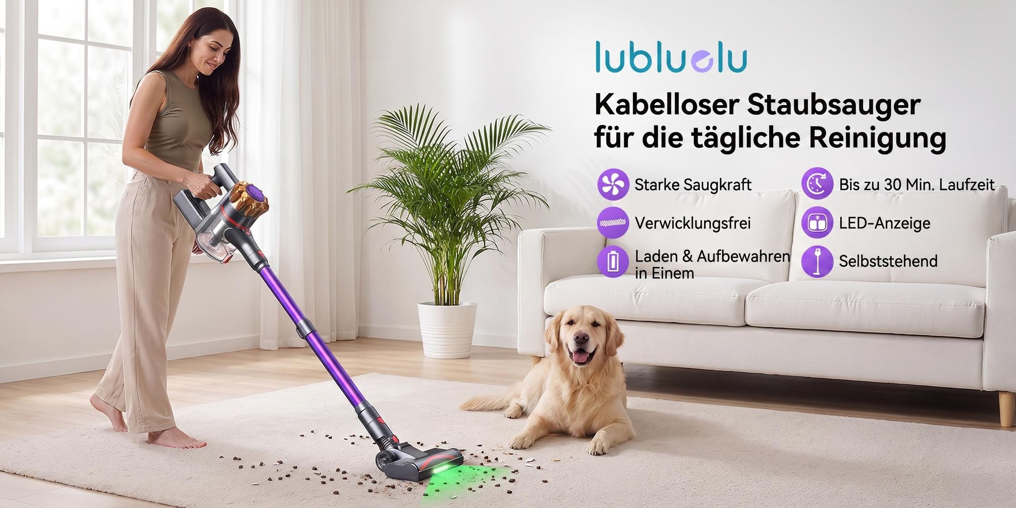 Lubluelu 75000 Pa Akku-Staubsauger Saugleistung, Anti-Haar-Verwicklungsbürste, Grüne Beleuchtung, Freistehend, Teppiche & Hartböden, P7
