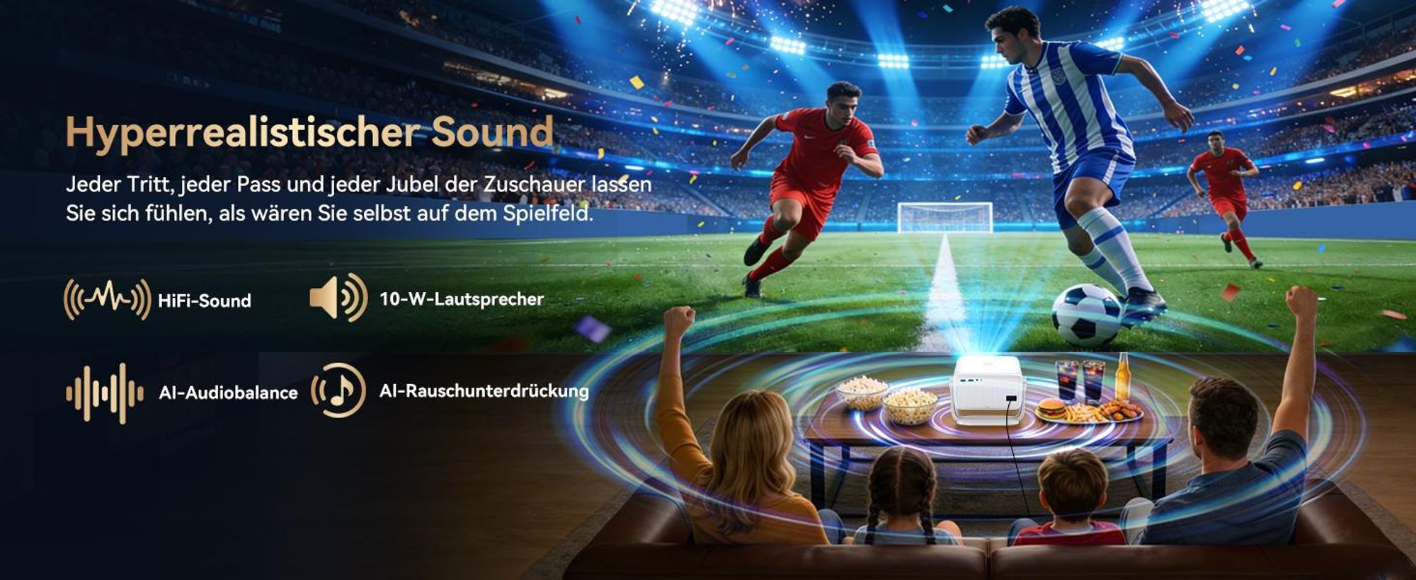 Blackview Huidun PT10 Beamer, 25000 Lumen, 1080P Native, 4K, Google TV, 360° Deckenprojektion, KI Autofokus, WiFi 6, 10W HiFi, Tragbares Heimkino