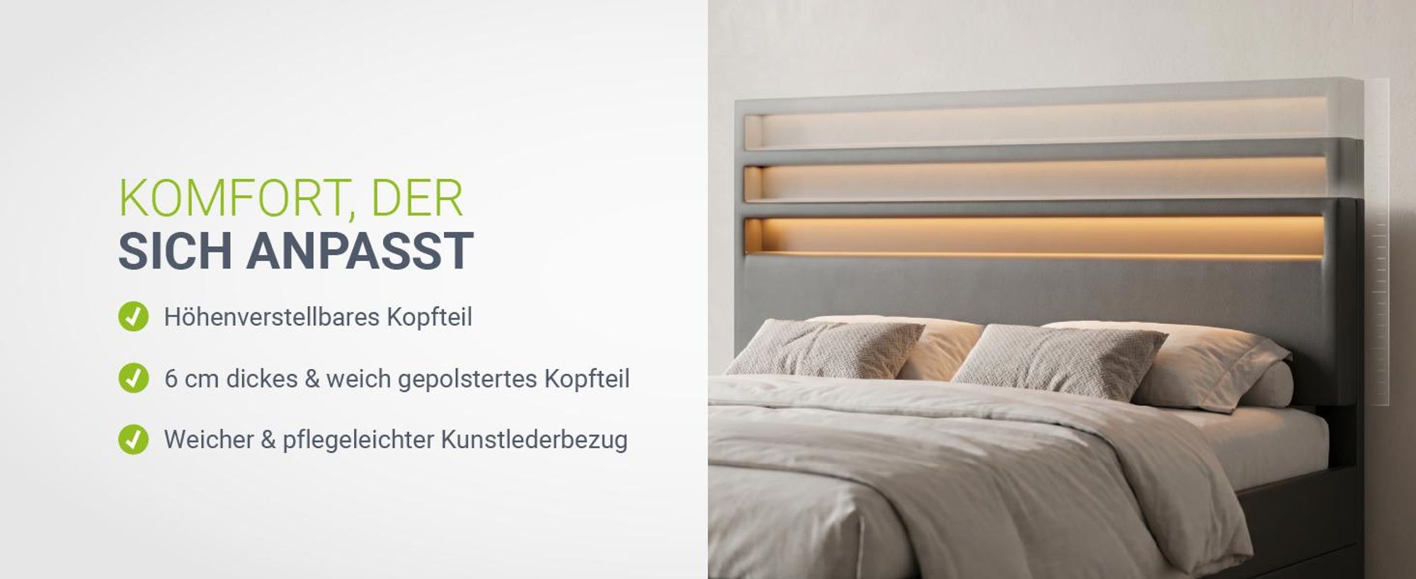 Juskys Polsterbett Lyon 180 x 200 cm grau – Bettgestell mit Lattenrost, Bettkasten & LED Beleuchtung  – Kunstleder & Holz – Bett Doppelbett