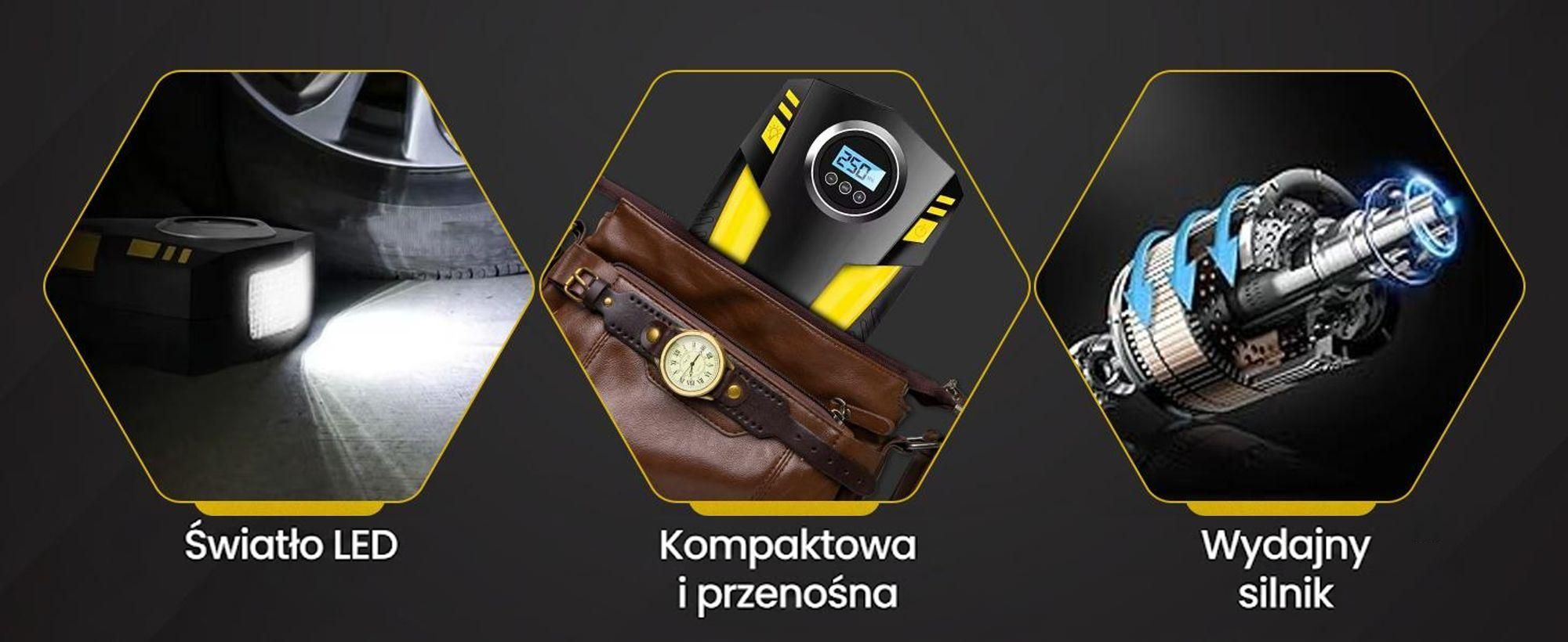 Olvy Kompresor powietrza do opon samochodowych 12 V, elektryczna pompa powietrza 10,3 bara, wyświetlacz cyfrowy, oświetlenie LED Mini kompresor do opon samochodowych 4 zawory