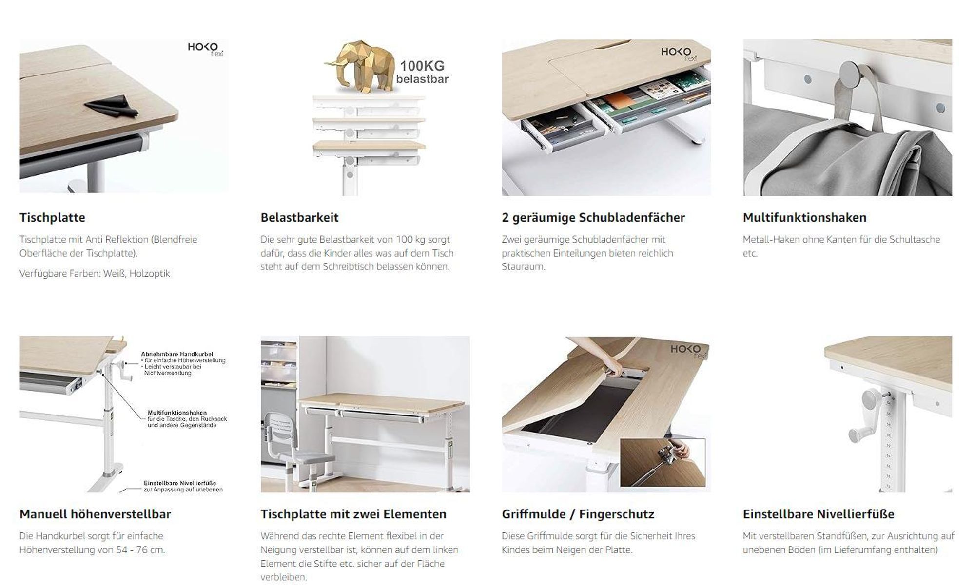 HOKO®Kinderschreibtisch höhenverstellbar 54-76 cm,  Ergo Schreibtisch für Kinder & Jugendliche, 120x60 cm, neigbare Tischplatte mit Schublade