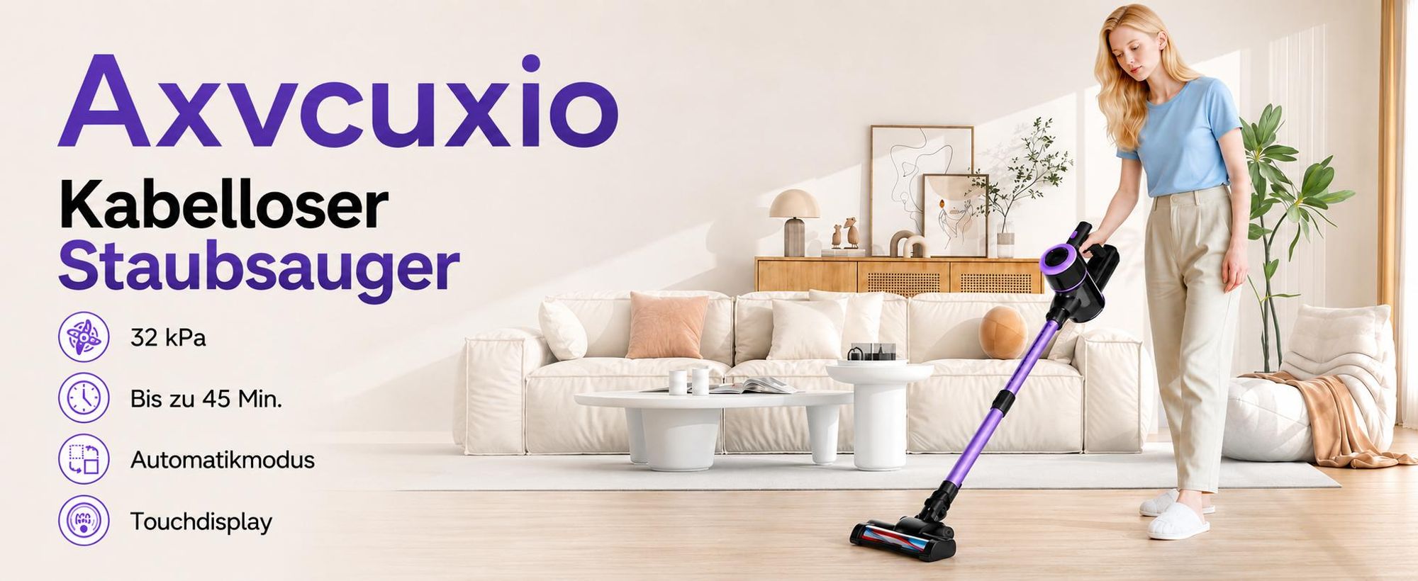 Akku Staubsauger, 500W/32000 Pa Staubsauger kabellos mit HEPA ,45 Min, kabelloser Staubsauger,Anti-Tangle-Staubsauger, Handstaubsauger für Tierhaare