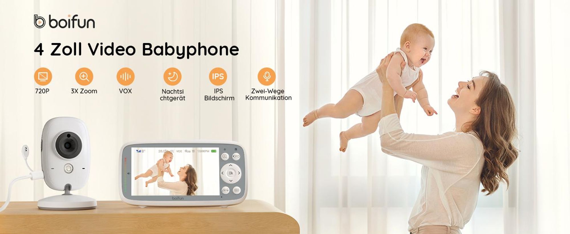 Babyphone mit Kamera 4 Zoll Digital IPS Bildschirm VOX Nachtsicht Temperaturüberwachung Gegensprechfunktion kabellose Videoüberwachung
