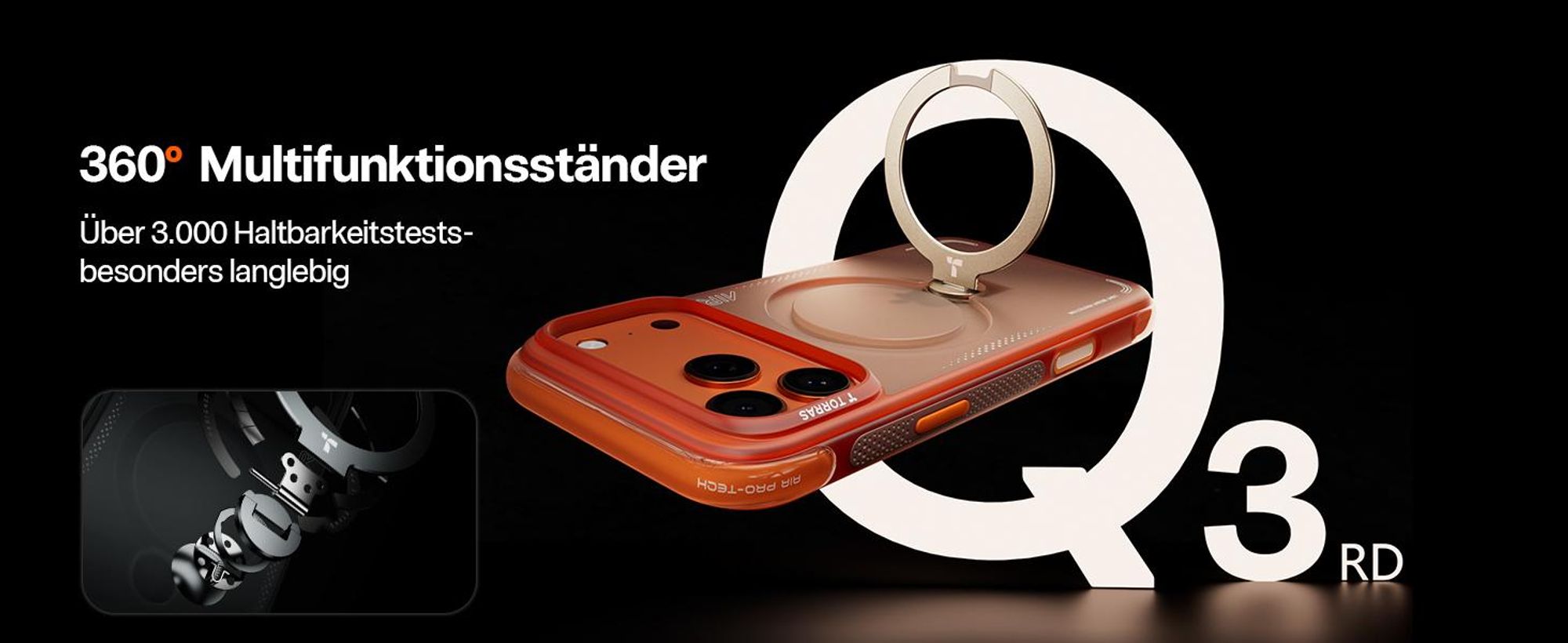 TORRAS für iPhone 17 Pro Max Hülle Ostand Q3 Air mit echtem Airbags Doppelter Schutz 360° Magnetischer Robust Ständer Matt Handyhülle mit Orange