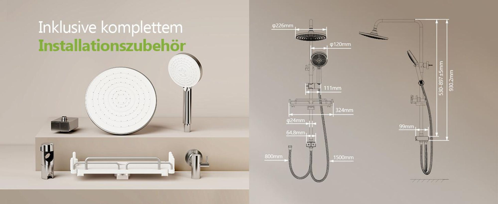 S’AFIELINA Duschsäule ohne Armaturen Duschsystem mit 3 Strahlarten Handbrause und Kopfbrause Versenkbares Regal Höhenverstellbar