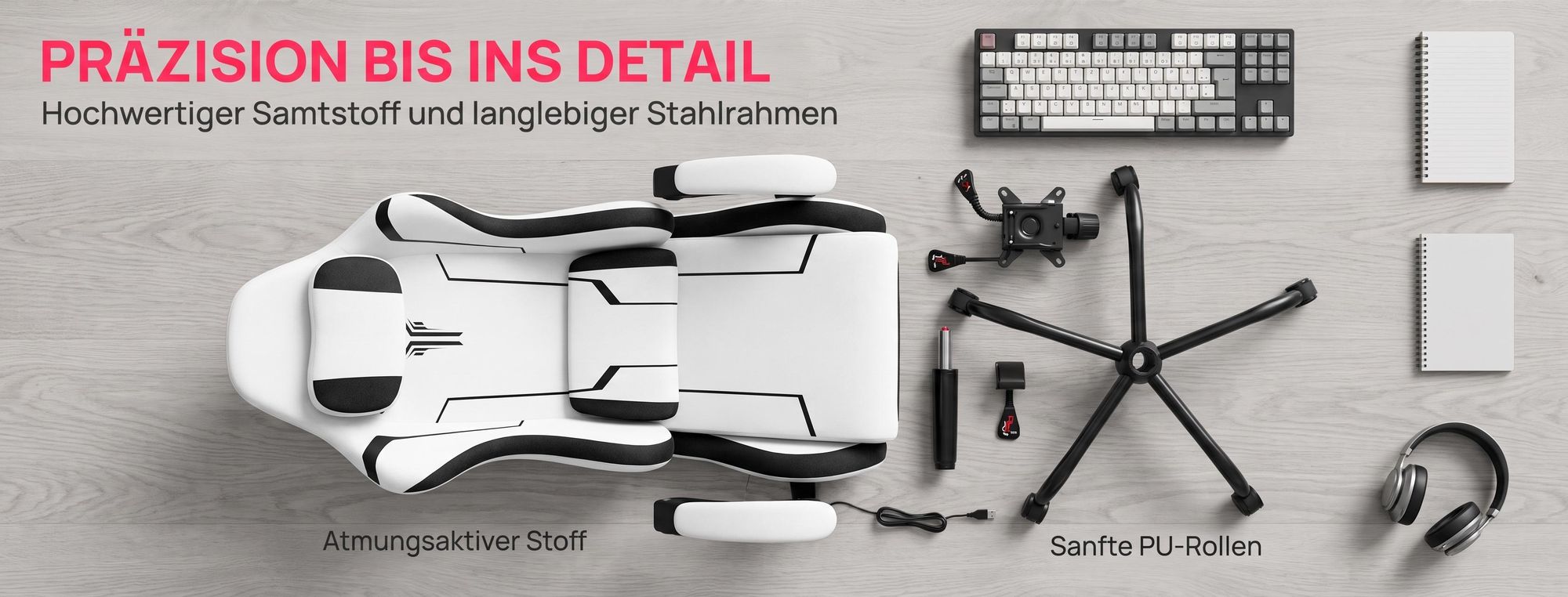 ROSEJANE Ergonomischer Gaming Stuhl mit Massagefunktion & Fußstütze, Verstellbare Rückenlehne 90°-135°, Gaming Sessel mit Kopf- und Lendenkissen, Schwarz Weiß