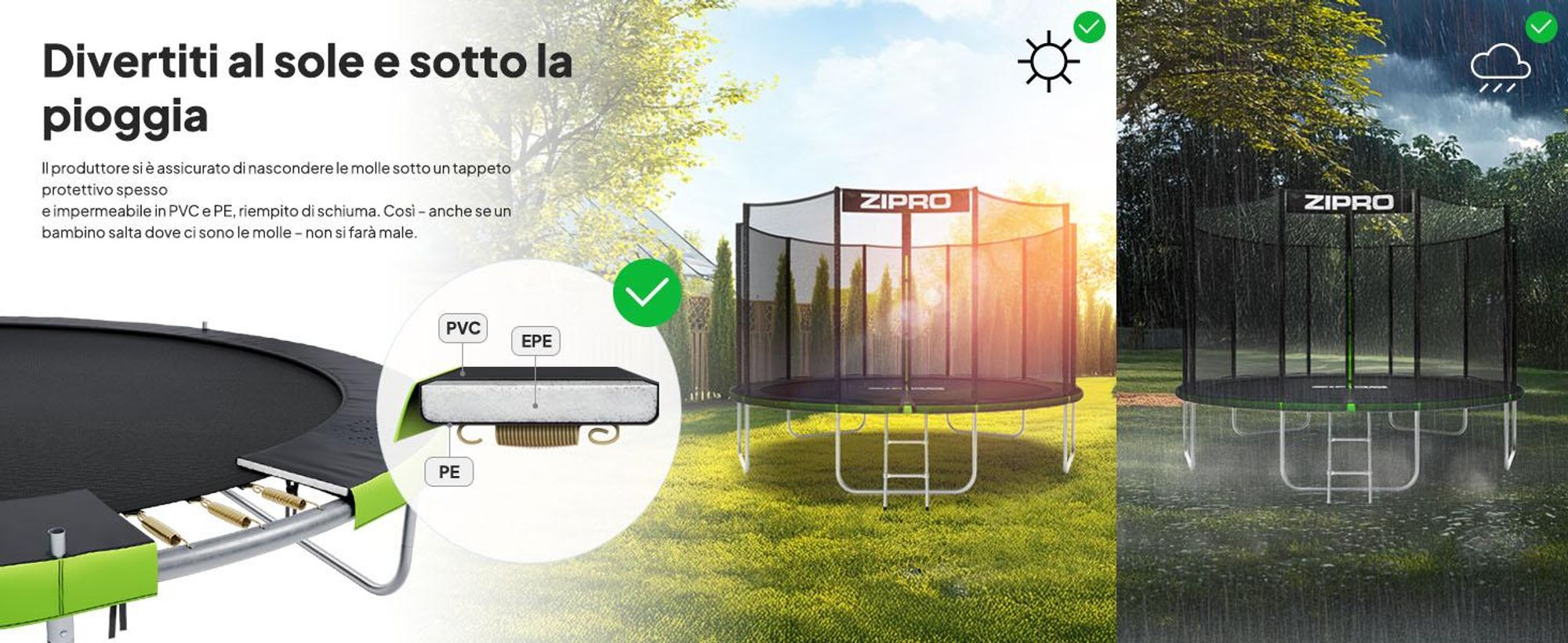 ZIPRO Trampolino Jump Pro Out | 16FT Ø 496 cm | Trampolino da giardino Trampolino per bambini Set completo incl. rete esterna, scaletta e copertura perimetrale, per esterni, verde