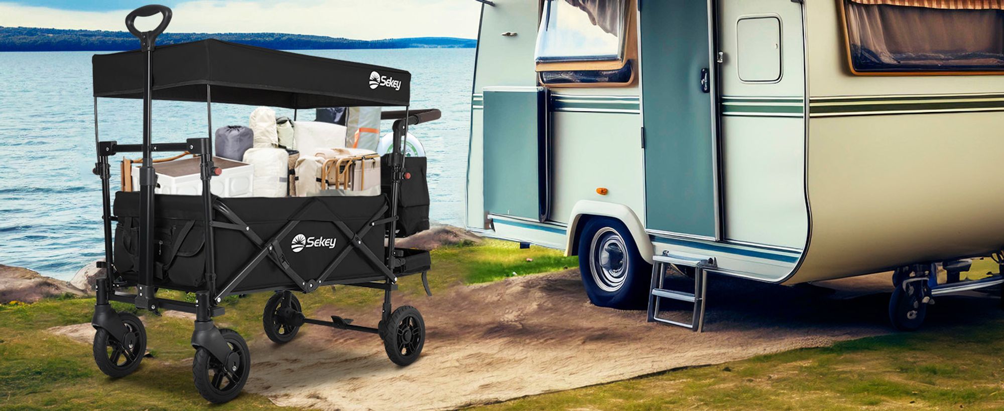 Sekey Bollerwagen Faltbar mit Dach und Sitz, Bollerwagen für 2 Kinder, mit 3-Punkt Gurtsystem, Schwarz