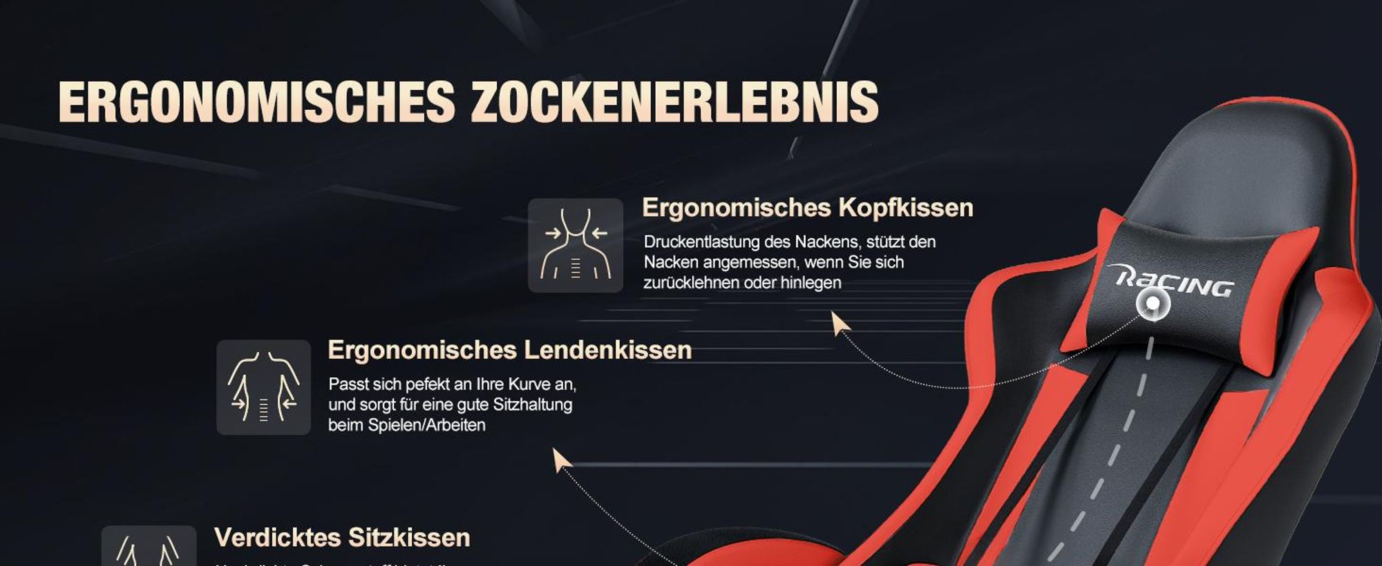 Portreen Gaming Stuhl,Bürostuhl Ergonomischer Gaming Sessel mit Lendenwirbelstütze Fußstütze, gepolstert,Kopfkissen Gaming Stuhl, 150kg Gaming Chair