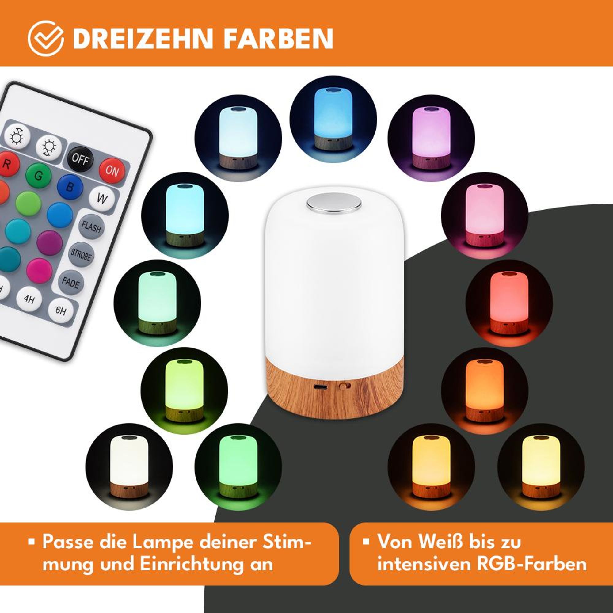 KRUMAD LED Tischlampe mit 13 Farben, Nachtlicht, Touch Steuerung und Fernbedienung, Holzoptik, dimmbare Nachttischlampe USB für Schlafzimmer