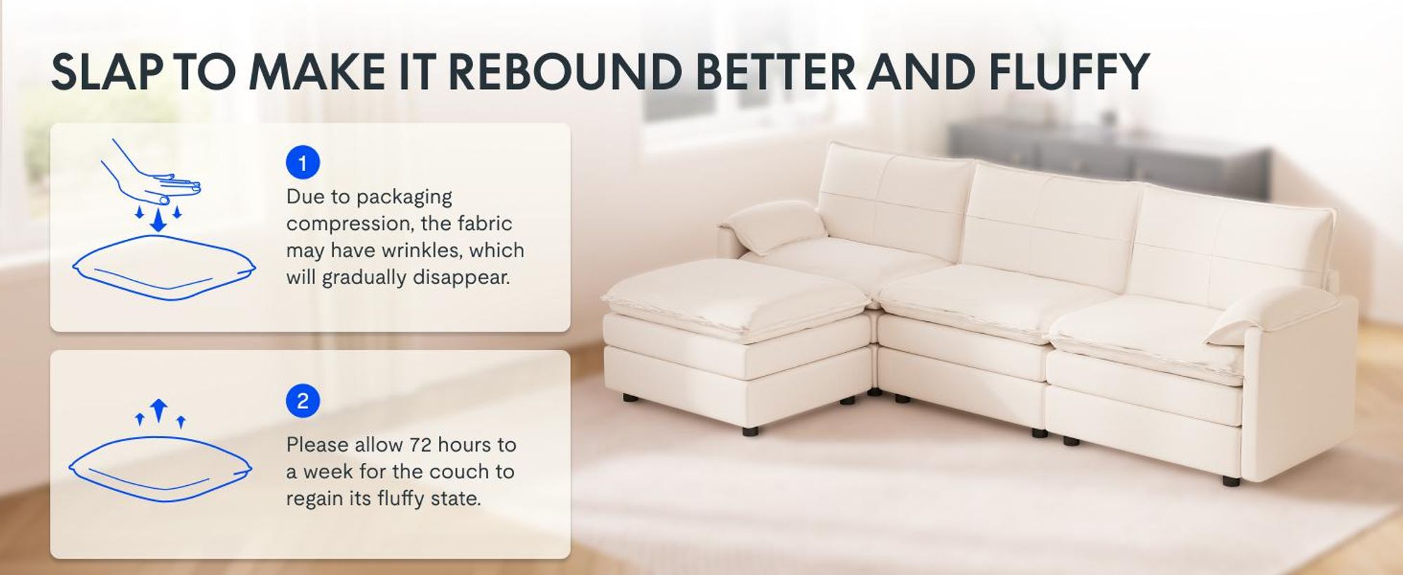 FLEXISPOT 4-Sitzer Sofa Sofabed L-förmiges Ecksofa mit Hocker, Stauraum, Modulares Sofa platzsparend für Wohnzimmer Weiß