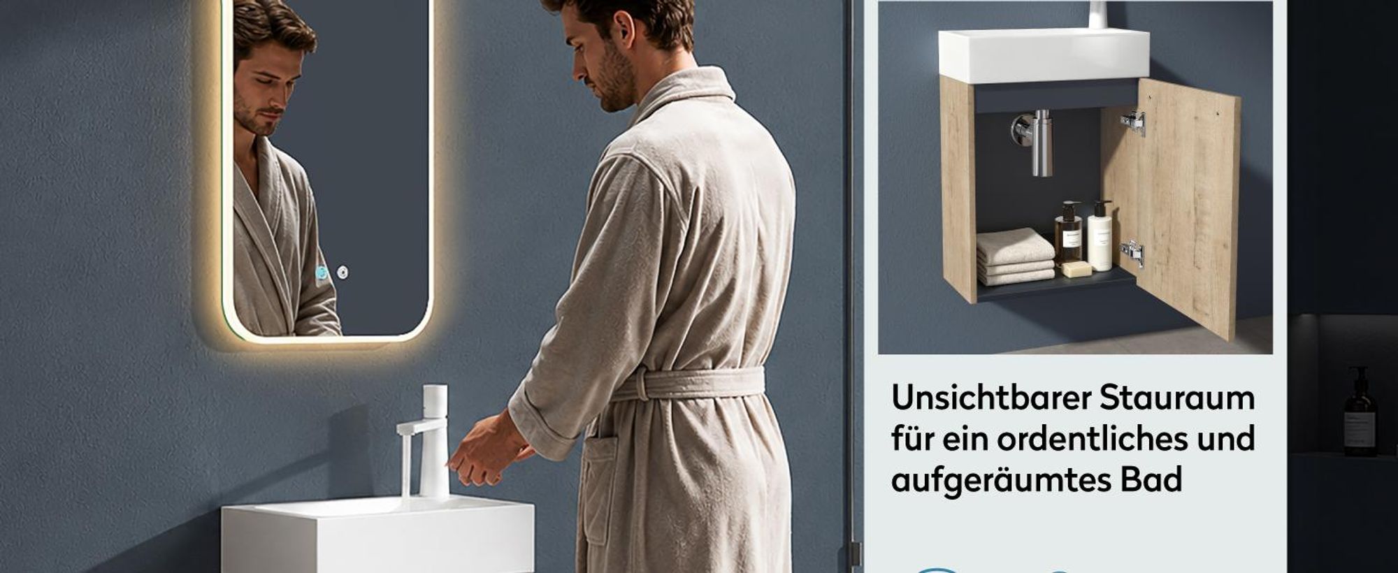 doporro Badmöbel Set Waschtisch mit Unterschrank Waschbecken-Unterschrank für Gäste-WC 46cm in Eiche Greige Design Waschplatz Wandmontage Pisa 02