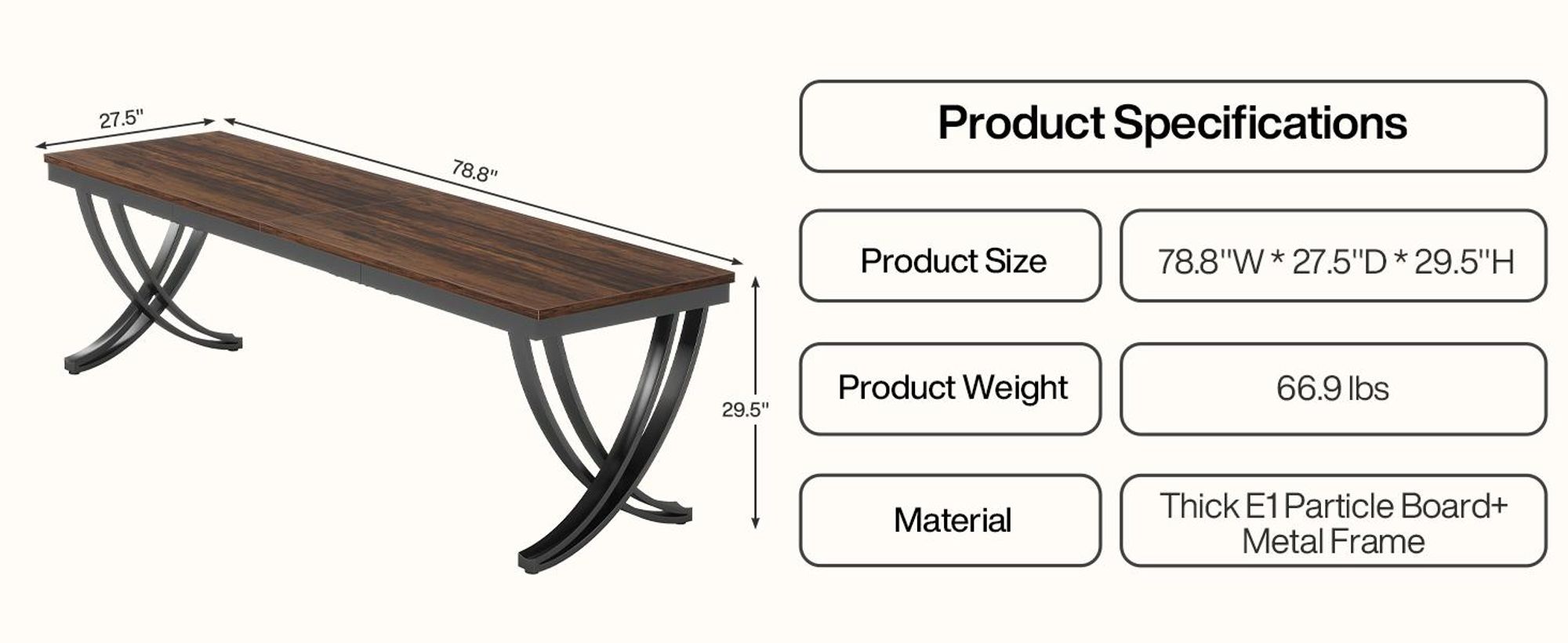 Tribesigns Esstisch, Industrieller Küchentisch für 6–8 Personen, Rechteckiger Esstisch mit Metallbeinen für Esszimmer, Küche, Braun, 200 x 70 x 75 cm
