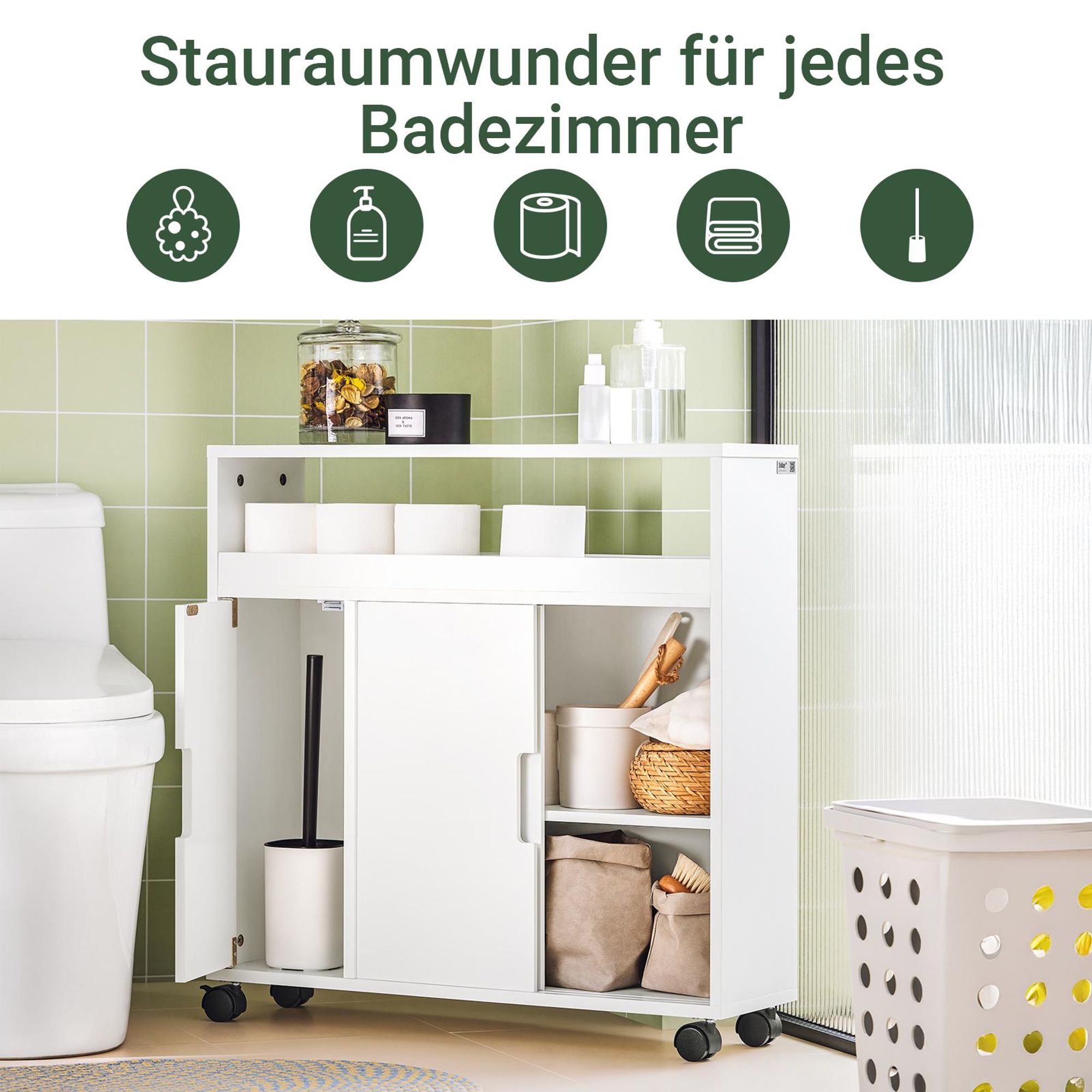SoBuy Badezimmerschrank schmal auf Rollen, 20 cm Nischenschrank mit 2 Schiebetüren und offenem Fach, Badschrank für Bad & WC, Weiß BZR02-W