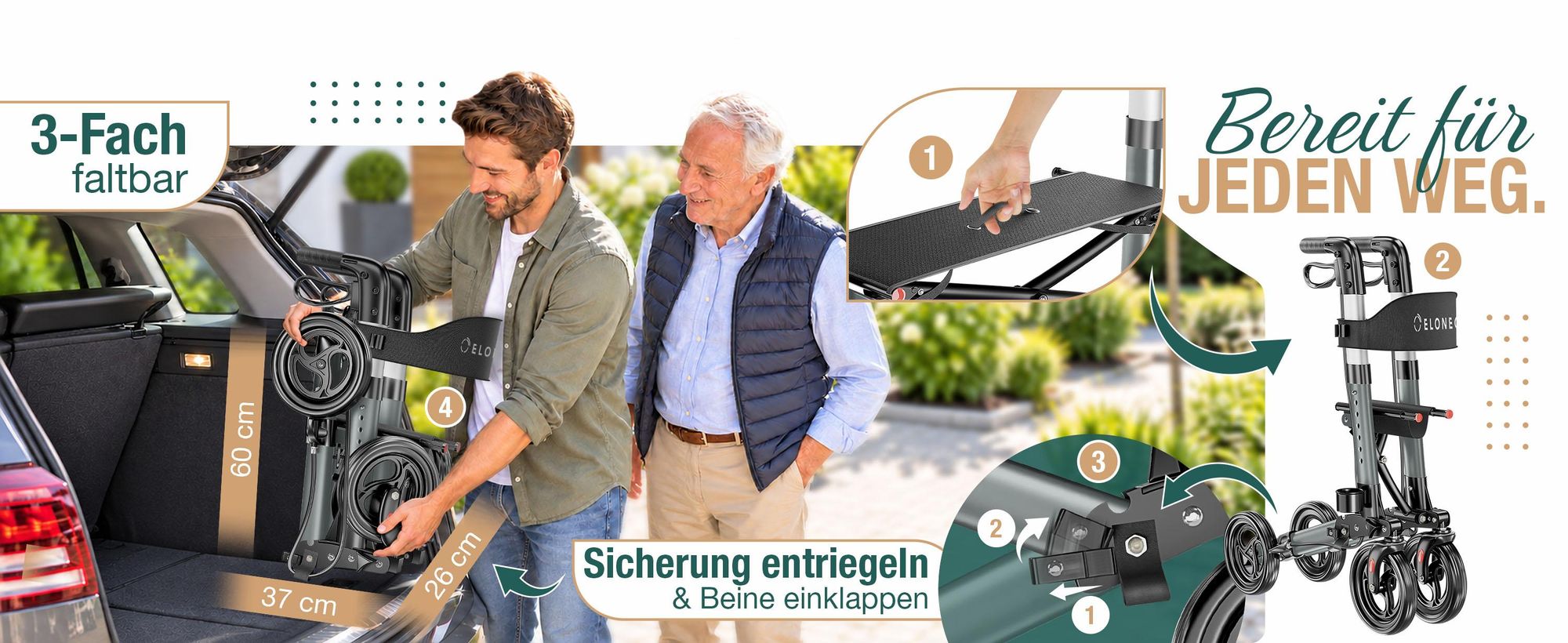 ELONEO Rollator faltbar und leicht mit Sitz, Leichtgewicht-Reiserollator aus Aluminium, Gehhilfe 8-fach höhenverstellbar, Laufhilfe 3-fach faltbar