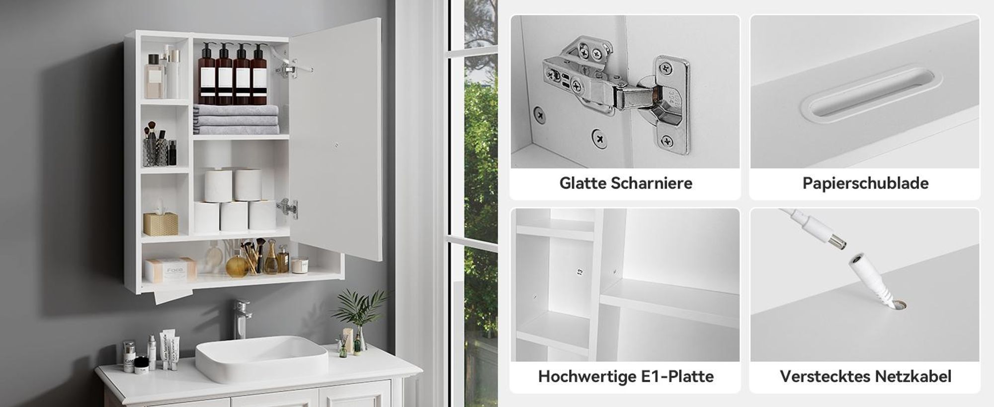 Puluomis Spiegelschrank Bad mit 3 färbiger dimmbarer Beleuchtung，Badezimmerschrank mit Papierschublade Wandschrank Badezimmer Weiß