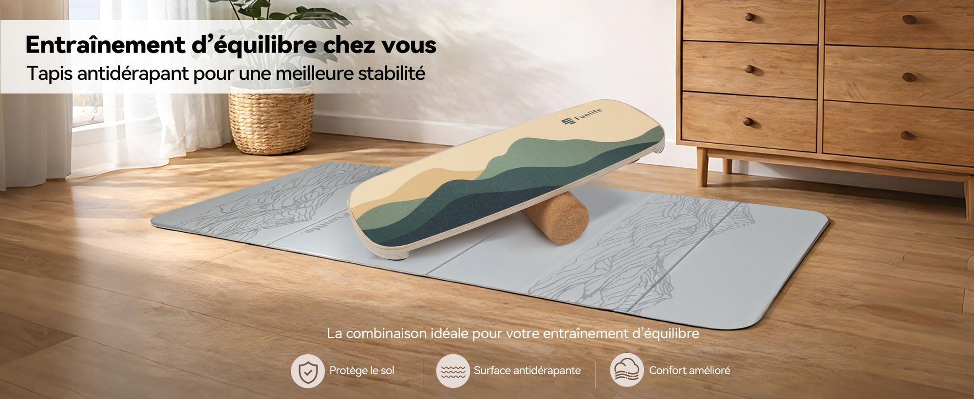 Planche d'équilibre FunLife en bois de bouleau avec rouleau WAVE – Appareil d'entraînement à l'équilibre stable pour le renforcement musculaire, le fitness et l'équilibre, antidérapante et durable