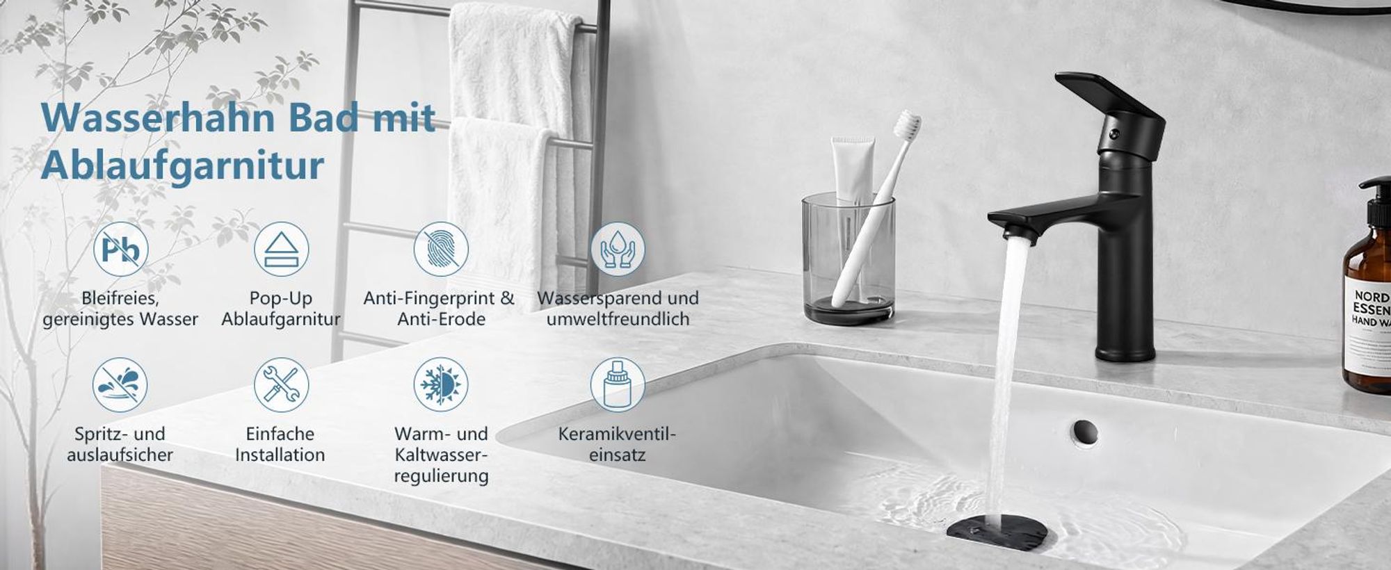 Wasserhahn Bad Schwarz,Waschtischarmatur Mischbatterie Waschbeckenarmatur Einhebelmischer, Ablaufventil mit Pop-up Mechanismus für Badezimmer
