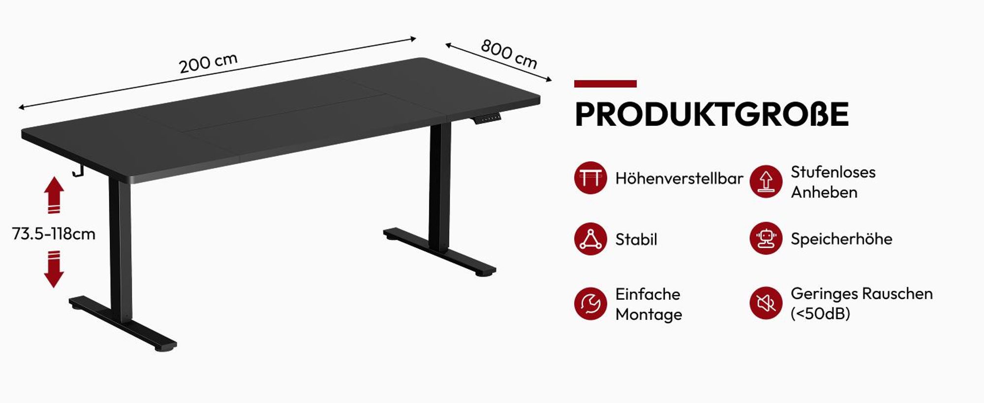 SANODESK Höhenverstellbarer Schreibtisch 200x80cm elektrisch 4 Memory-Funktion, Antikollisionsschutz, 70kg Tragkraft, mit Haken und Ablagebox(Schwarz)