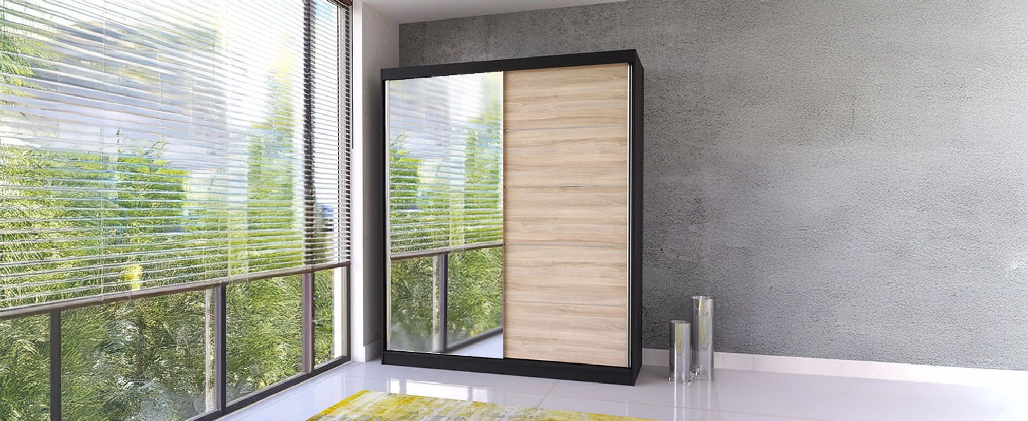 Schwebetürenschrank Kleiderschrank Bella 03, 183 cm, Schwarz/Sonoma, mit Spiegel