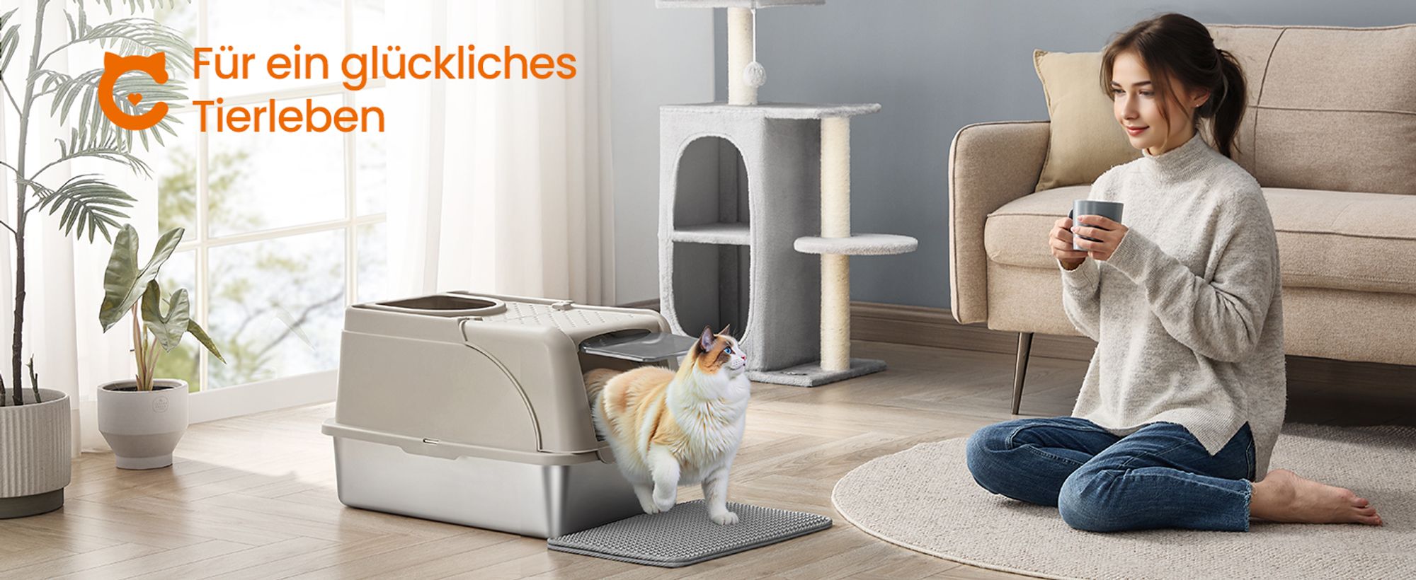 Feandrea Edelstahl Katzenklo, XL, Katzentoilette mit Deckel, mit Schaufel, Bürste und 2 Eingängen, für Katzen bis 15 kg, cappuccinobeige