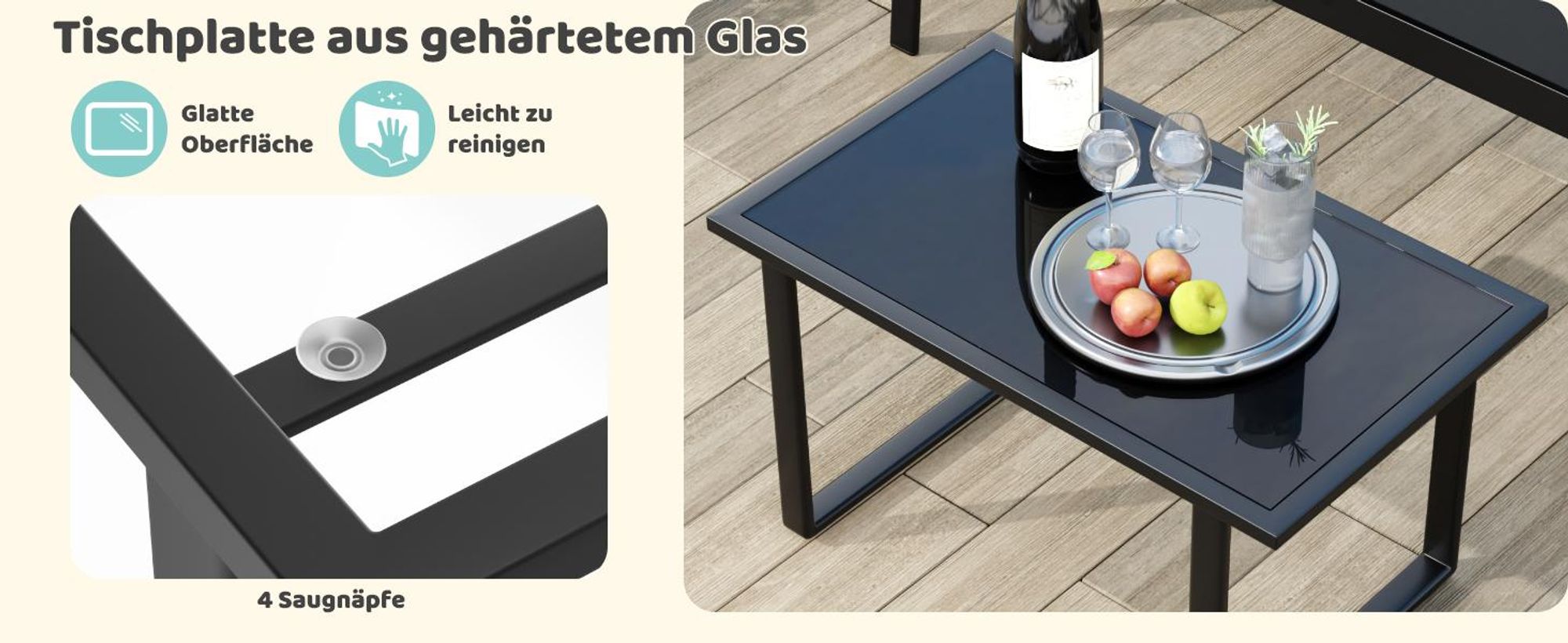 Mondeer Gartenmöbel-Set 4-teilig, Sitzgruppe mit Armlehnen & Glas-Tisch, Wetterbeständig für Balkon Terrasse Schwarz