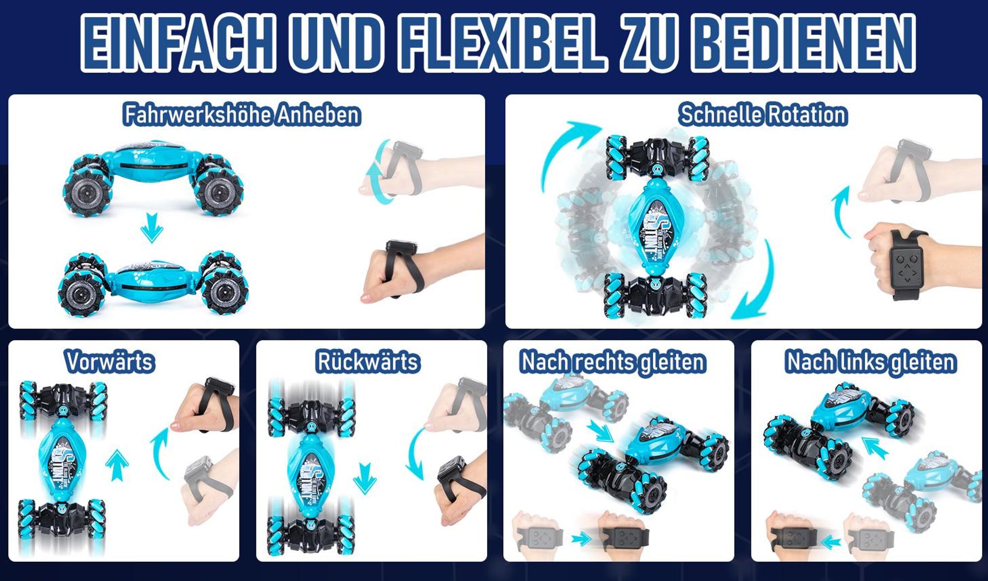 Ferngesteuertes Auto, Gestenoperation RC Auto Für Kinder, 4WD 2.4GHz Fernbedienung mit Licht und Musik, 360° Flips, mit 2 Akkus, Geschenke