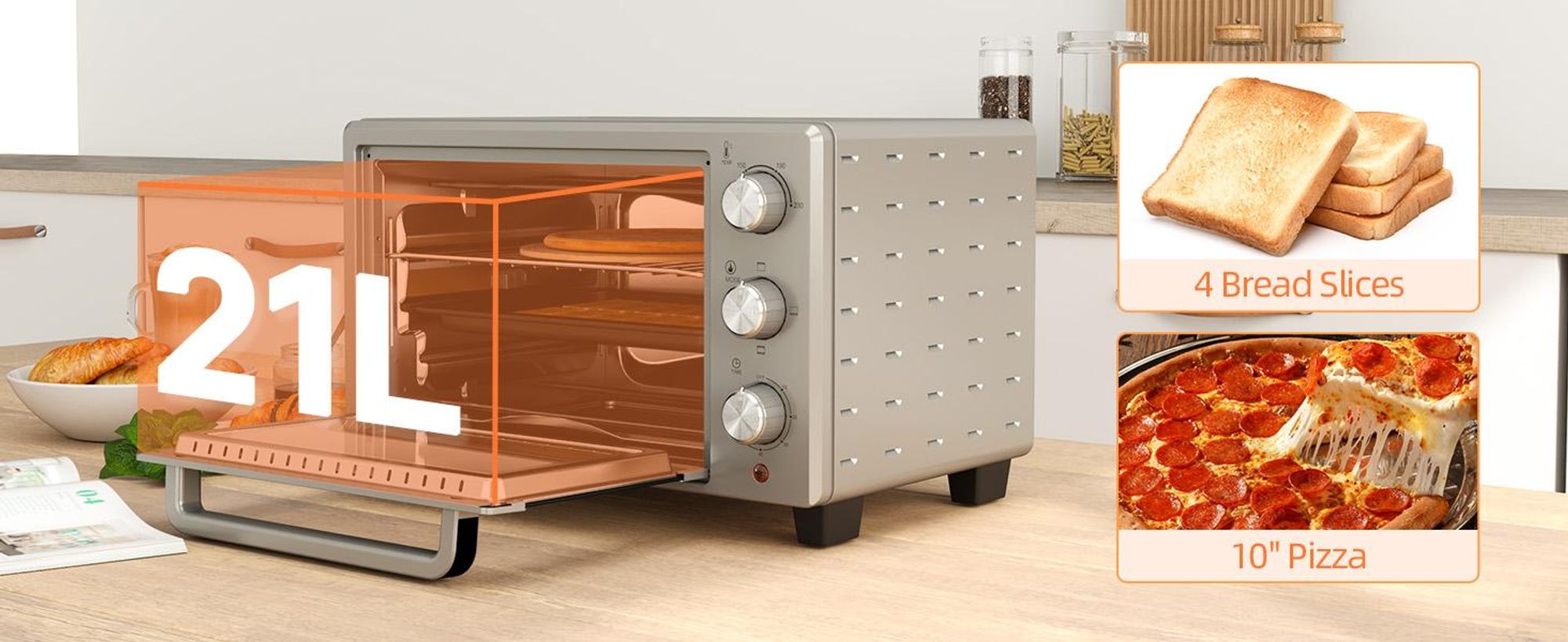 HOMCOM Mini piekarnik 21 l – piekarnik do pizzy, mini piekarnik z blachą do pieczenia, rusztem do grillowania i tacką na okruchy
