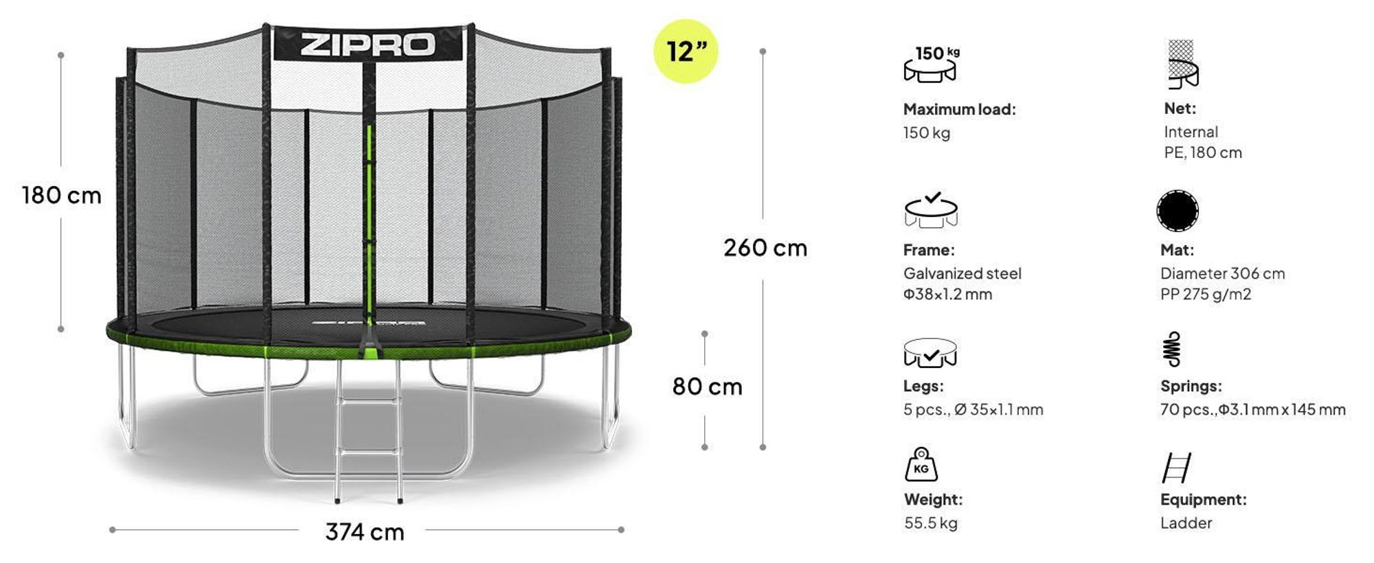 ZIPRO Trampolína Jump Pro Out | 12FT Ø 374 cm | Zahradní trampolína Dětská trampolína Kompletní sada včetně vnější sítě, žebříku a krytu okraje, venkovní, zelená