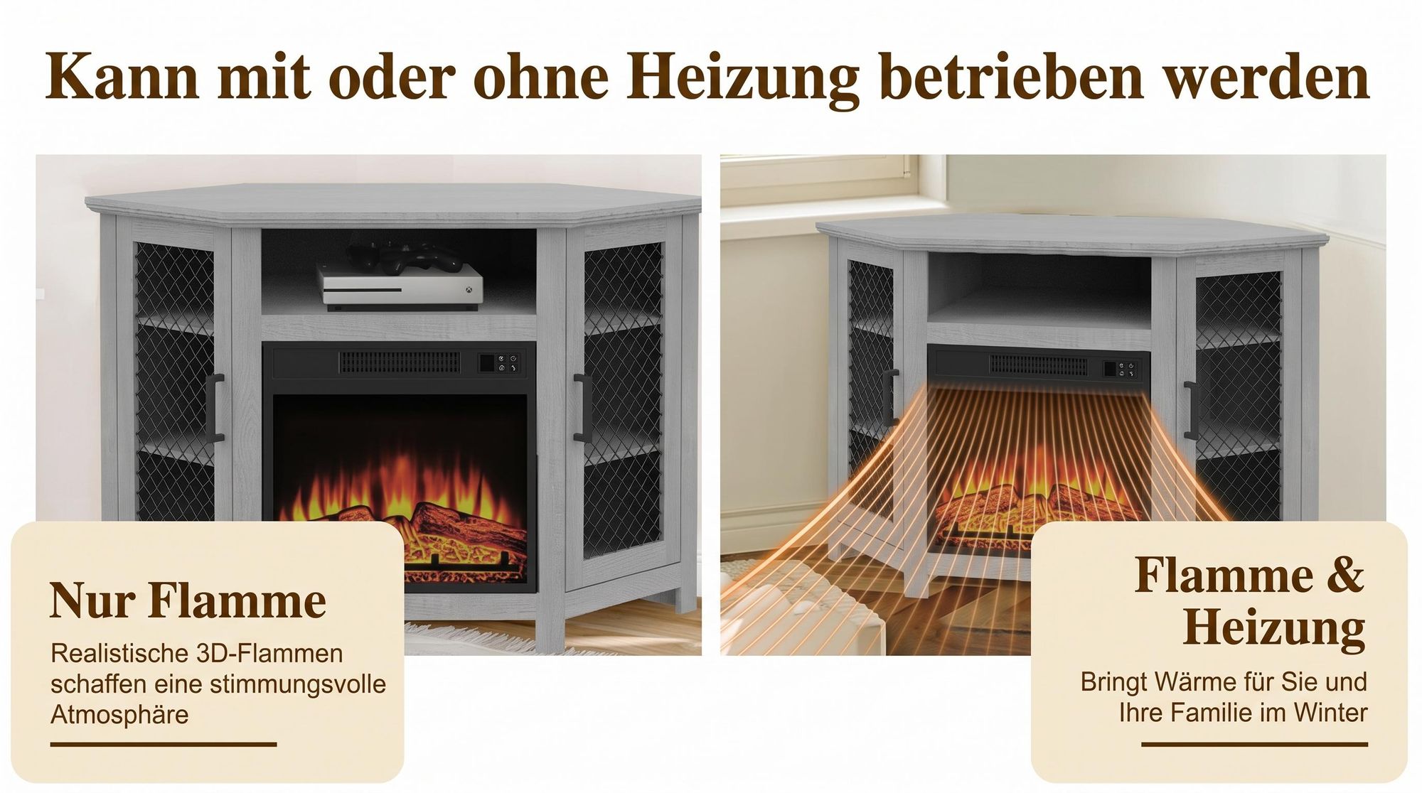 Parrot Uncle TV-Schrank für Fernseher bis 55 Zoll, MDF, Grau , mit 18" Elektrokamin, eignet sich für Eckaufstellung, 114x 56x 76 cm, 45 kg Tragkraft