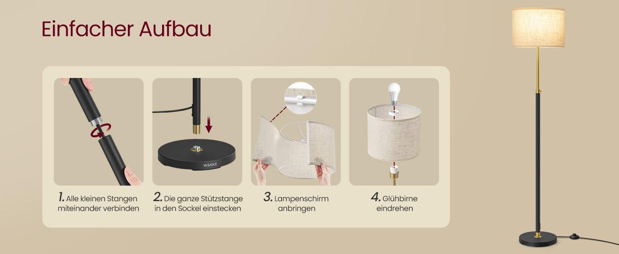 VASAGLE Stehleuchte, Standleuchte, Stehlampe, höhenverstellbar, 140-170 cm, mit Fußtaster, E27 Fassung, Fernbedienung, Memory-Funktion