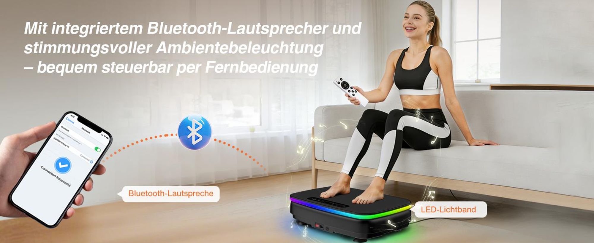 DH FitLife Vibrationsplatte für Zuhause, 0–99 Stufen, 9 Auto-Programme, leise mit Saugnäpfen, Bluetooth Lautsprecher, inkl. Zugbänder, 150kg