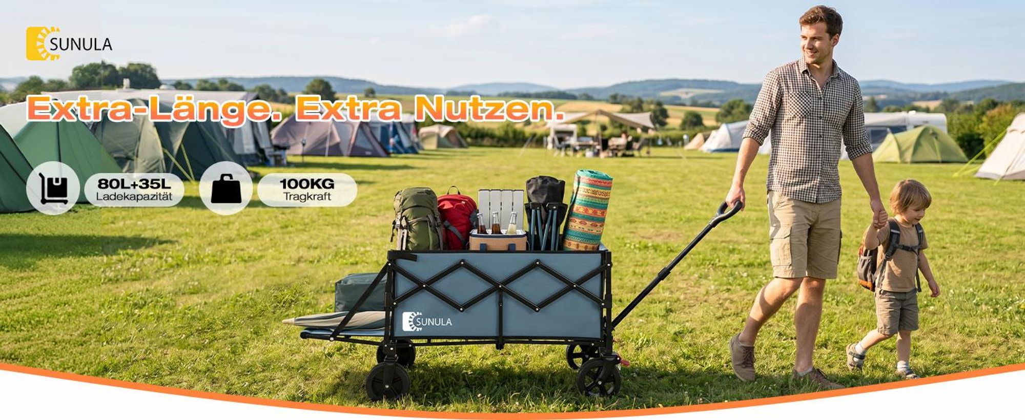 SUNULA Bollerwagen Faltbar mit Erweiterbarer Heckklappe – 80L & 115L Hunde Transportwagen, Blau