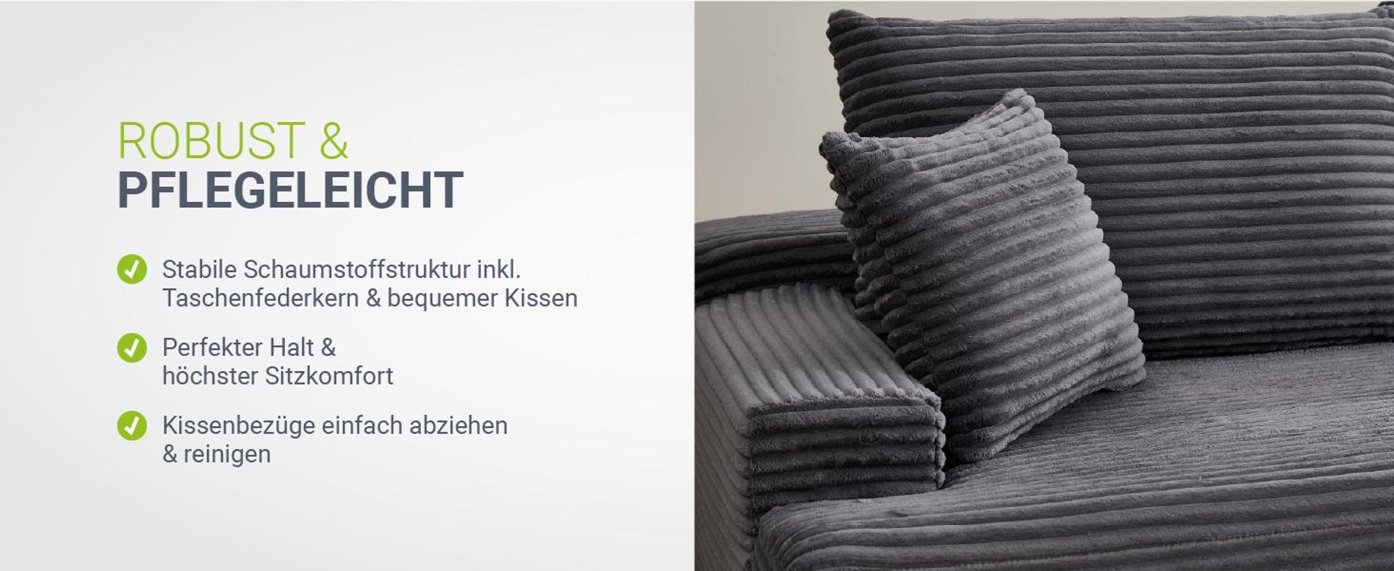 Juskys Sofa Coredo - Dunkelgrau, moderne Couch aus Cord mit Kissen, Ottomane rechts