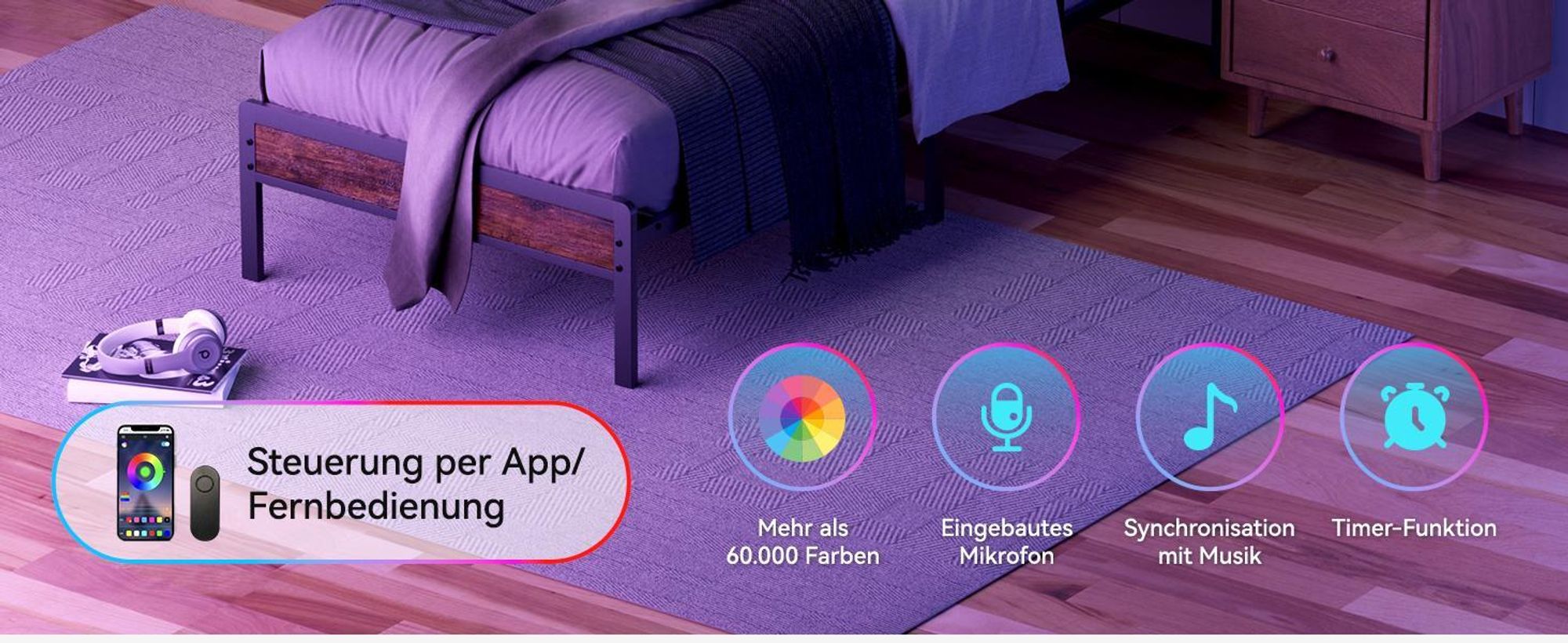 KUTAS Klassische Betten 140x190, LED-Bett Braun mit Type-C-Ladefunktion, 22 cm Stauraum, leises Bettgestell für Schlafzimmer
