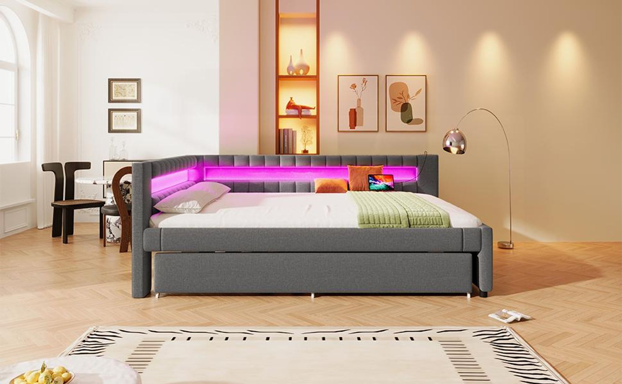 Merax Tagesbett Daybett 140x200 cm, mit Ausziehbett 90x190 cm, LED, USB und Type-C, Schlafsofa, Schlafsofa, Grau