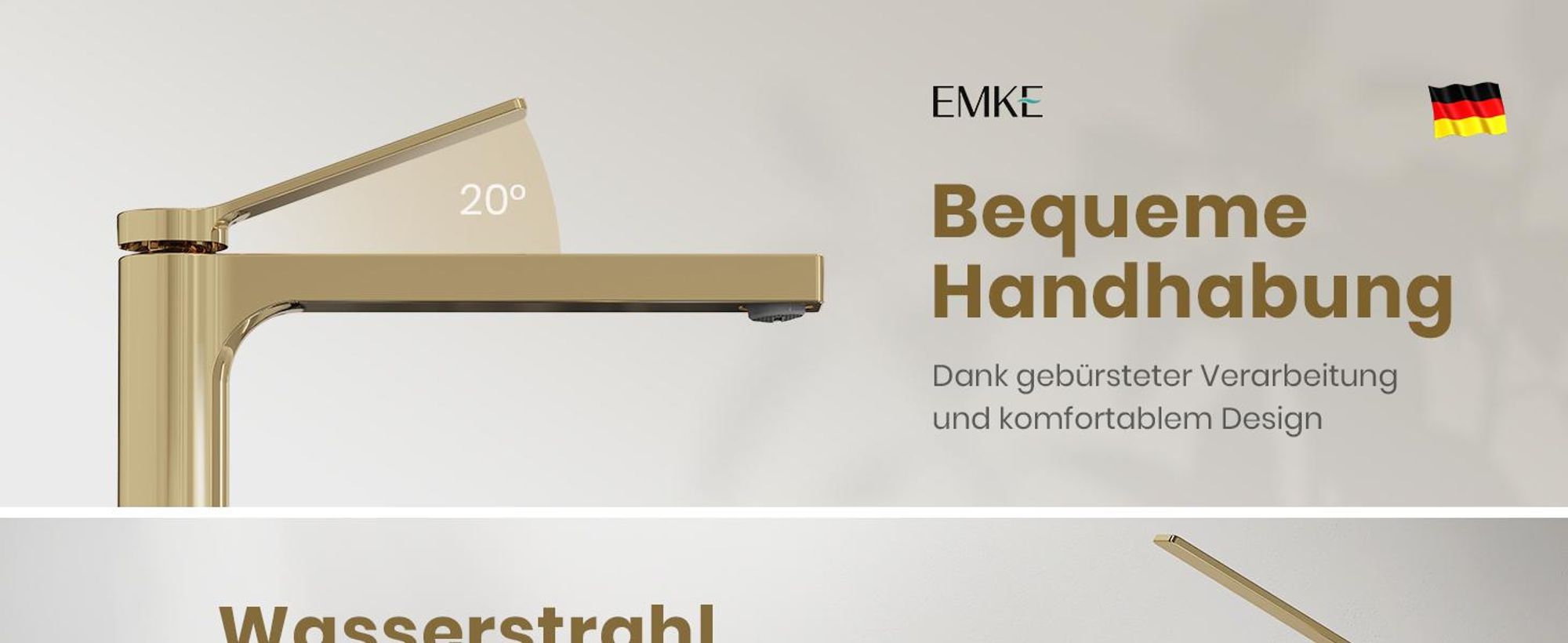 EMKE Wasserhahn Bad Champagner-Gold 335x233x46mm, Messing, Keramikkartusche, Badarmatur, Mischbatterie Waschbecken-Armatur, Waschtischarmatur