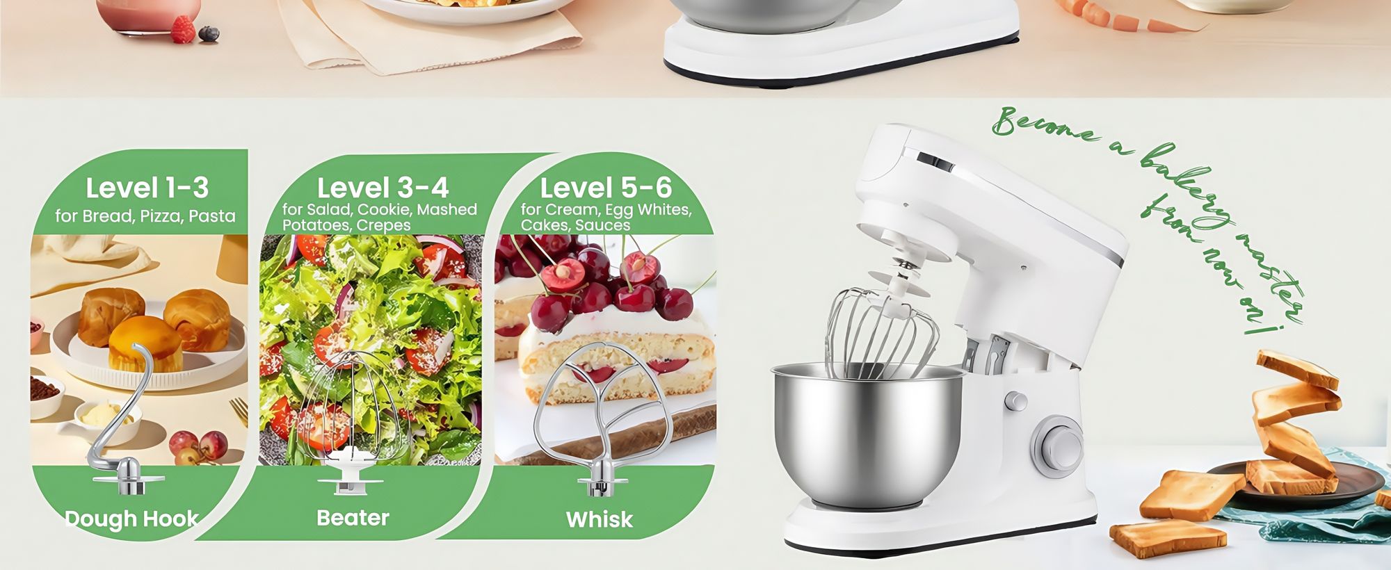Traumheim® XS-002 6L 3-in-1 Multifunktions-Standmixer, 1500W Küchenmaschine,6+P Geschwindigkeit,Knetmaschine mit 3 Zubehörteilen und Schüssel (Weiß)