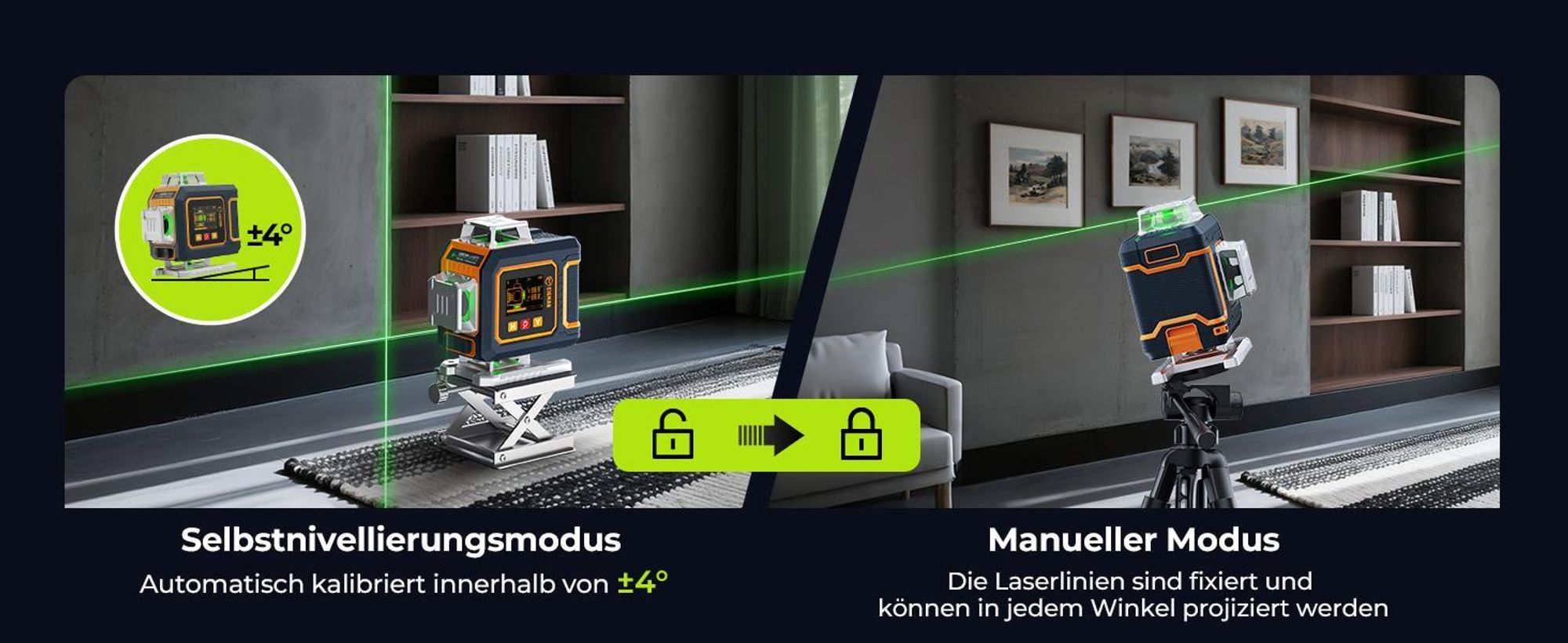 CIGMAN CM-S04 Kreuzlinienlaser 4x360° Grün mit App & LCD-Display