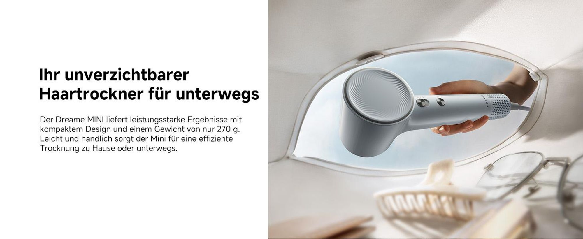 Dreame Mini Hochleistungs-Haartrockner,270g leicht,schnelltrocknend Fön,100K U/min Motor,NTC-Temperaturregelung, Negativ-Ionen,5 Steuerungsmodi,Blau