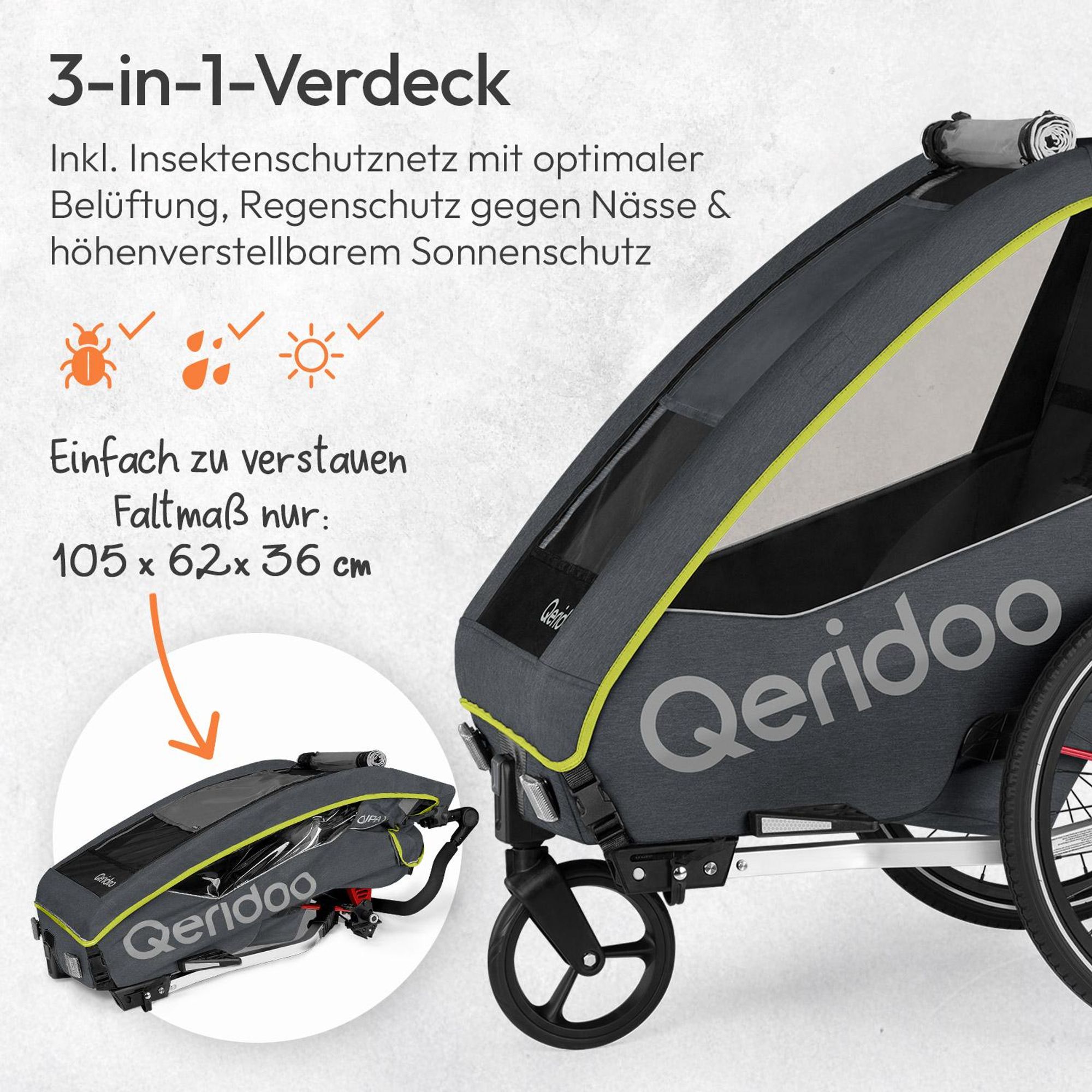 Qeridoo QUPA 1 - Kinderfahrradanhänger für 1 Kind, Farbe: Lime