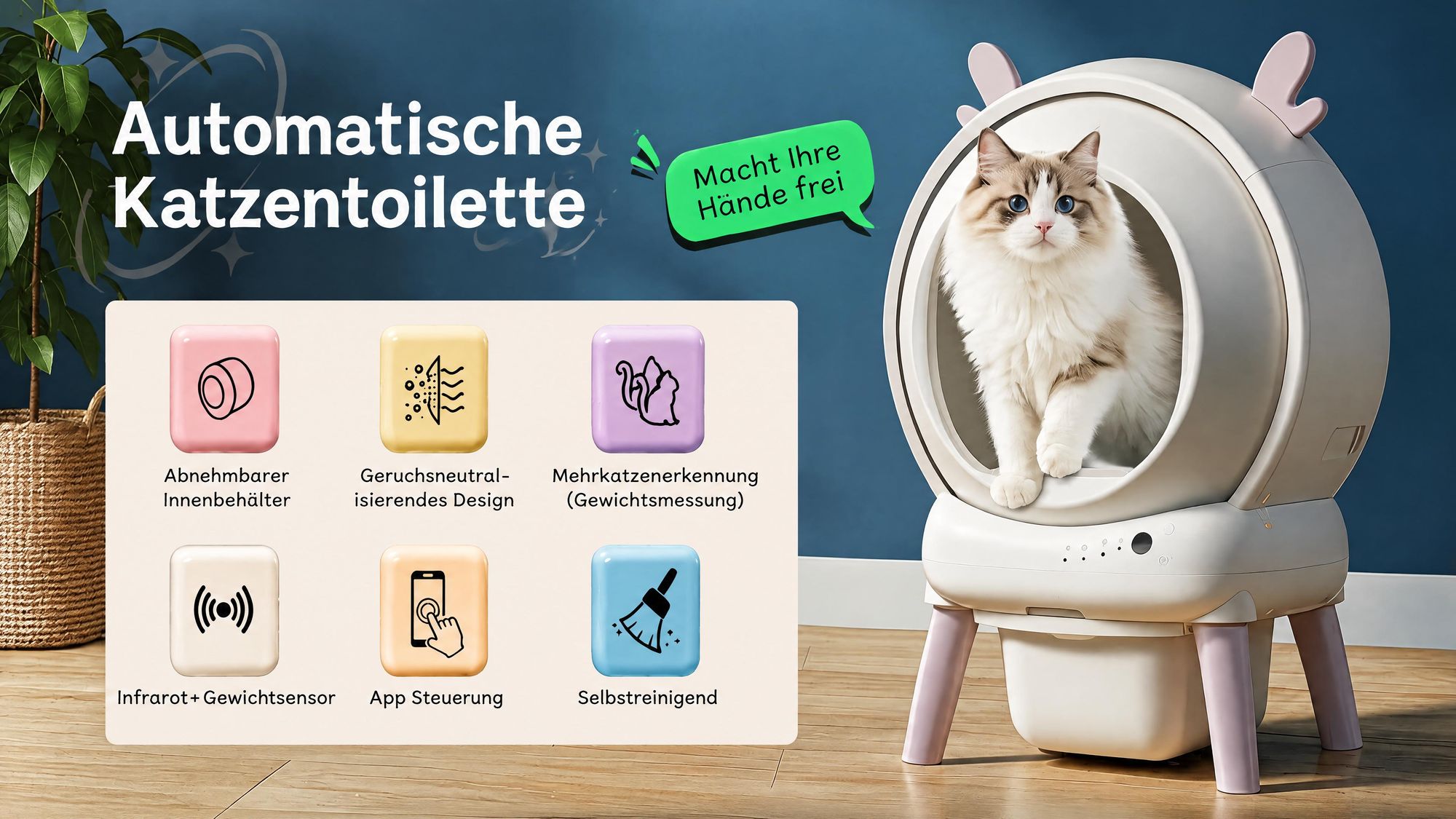 Selbstreinigendes Katzentoilette XXL Katzenklo mit App-Steuerung, für Große Katzen, Mehrkatzenhaus, 9-fach Anti-Klemm-Sensoren, Geruchsarm, Leise