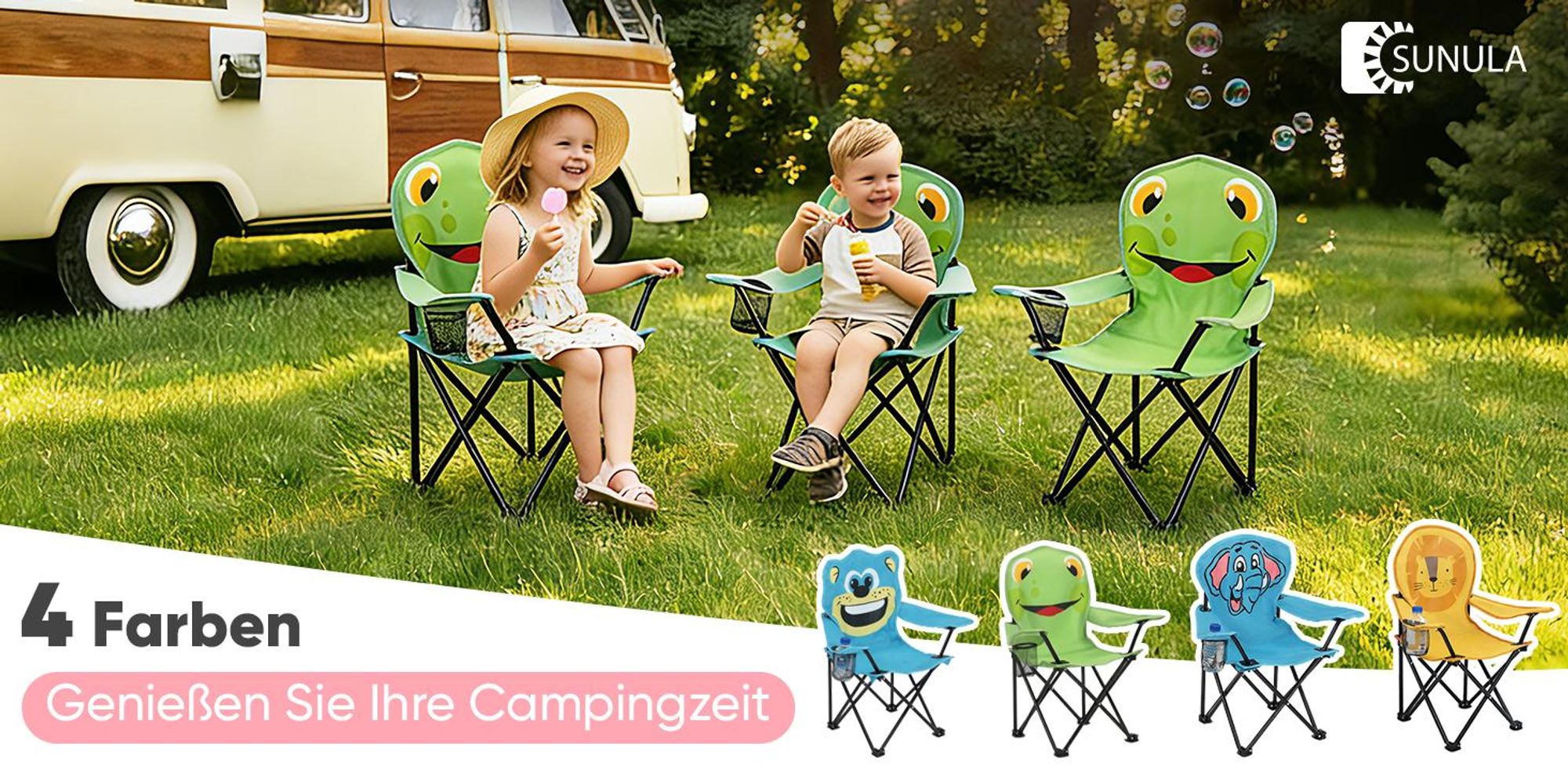 Sunula Kinder Campingstuhl mit Getränkehalter, Anglersessel Kinder Klappstuhl, Grün - Frosch