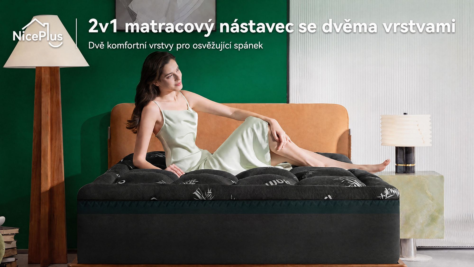 NicePlus, vrchní matrace 2 v 1, rozměry 140x200X7cm, pěna s paměťovou vlastností (5 zón) + vrchní vrstva z bambusu, s gumovými pásky pro upevnění na všechny typy matrací, tvrdost H2/H3, barva černá