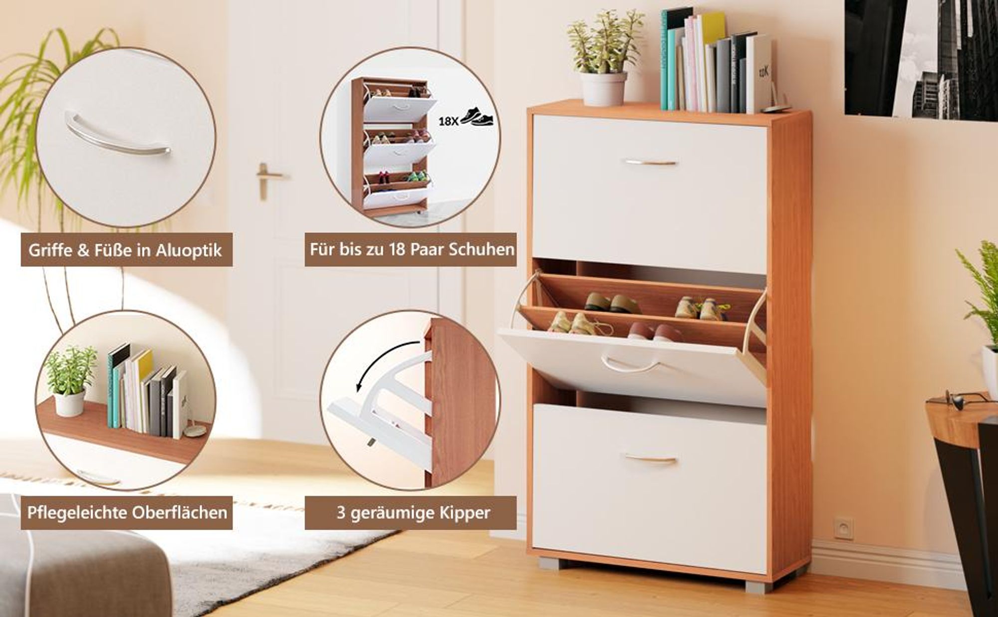 CASARIA Schuhschrank schmal für 18 Paar Schuhe, Buche-Weiß