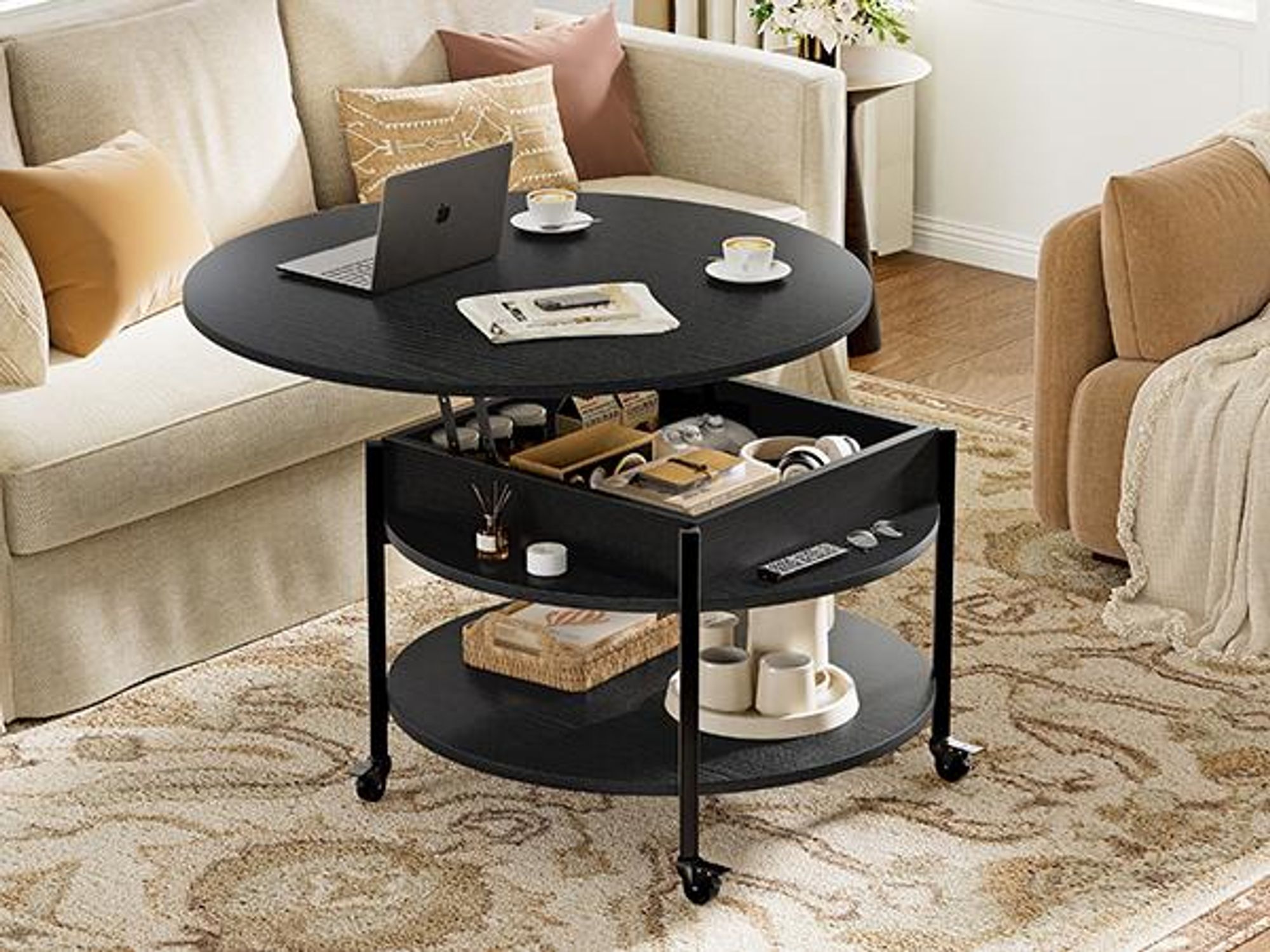 FABATO Runder Couchtisch mit Höhenverstellung, Rädern und Staufach - 26,77 Zoll, 2-stufig, ideal für Wohnzimmer, in Schwarz