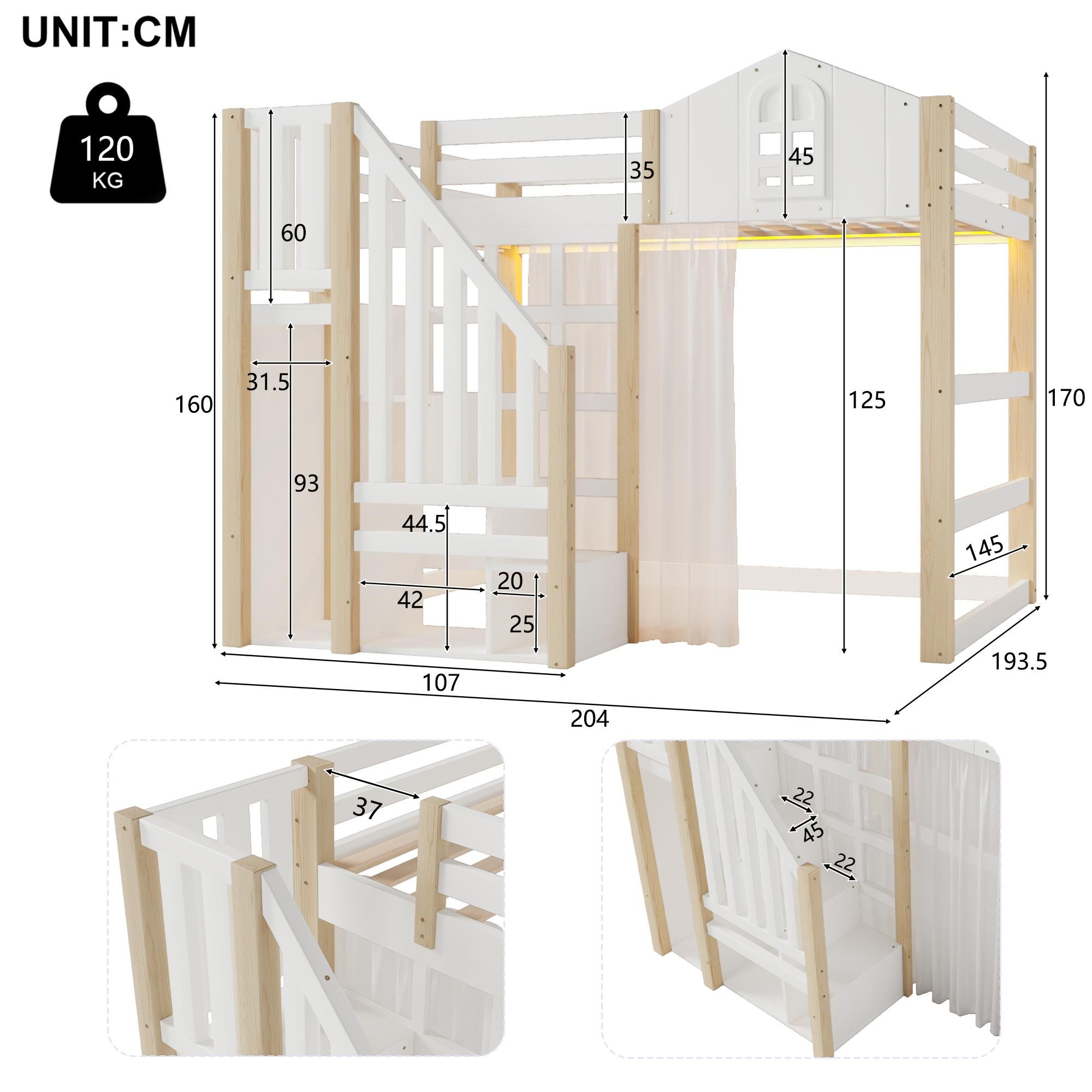 Flieks Etagenbett 140x200cm mit Led, Kinderbett Hausbett mit Bettvorhang, Hochbett Doppelbett mit Lattenrost und Rausfallschutz, Naturbelassen
