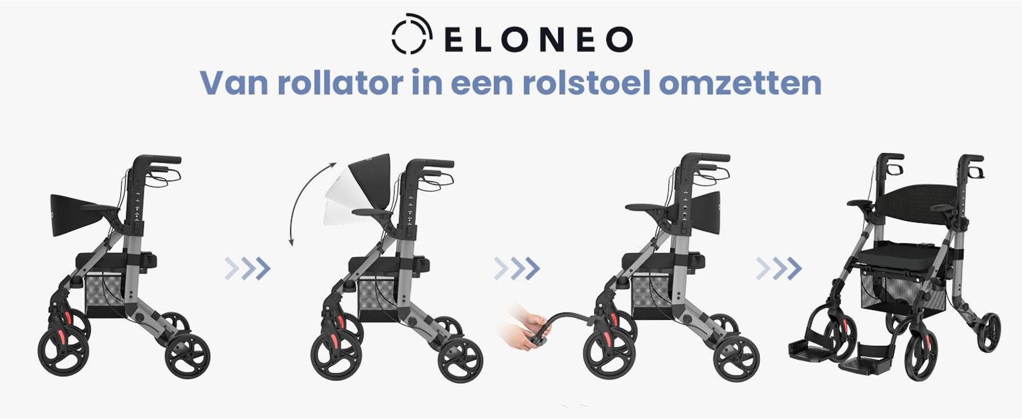 ELONEO 2-in-1 rolstoel/rolator, opvouwbaar en lichtgewicht met zitplaats, outdoor rolstoel/rolator, opvouwbaar, aluminium loophulpmiddel voor senioren - Grijs